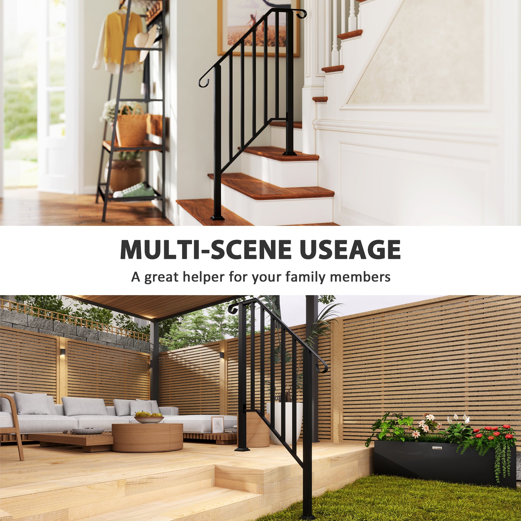 2-3 Step Handrails for Outdoor Steps, Metal Outdoor Stair Railing, Porch Deck Railing with Installation Kit, Black