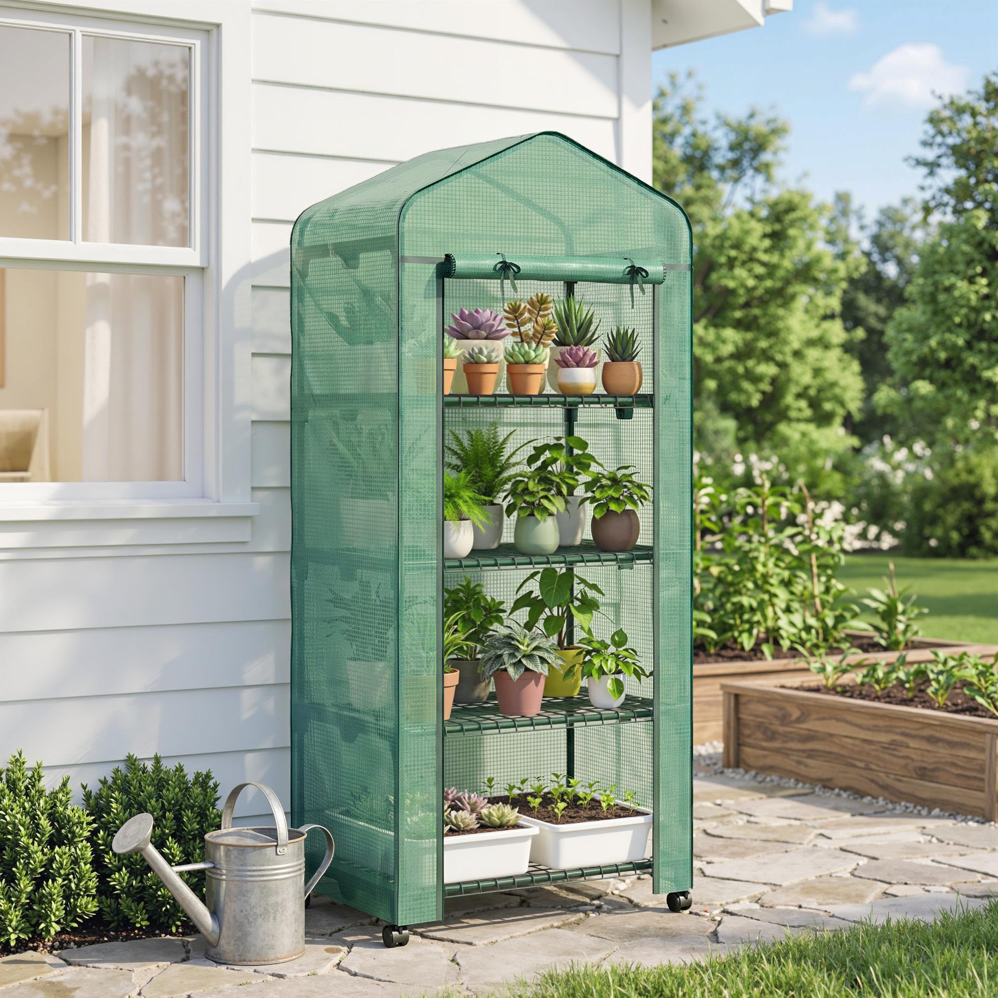 Portable Greenhouse, Outdoor Hot House Plant Flower Greenhouse with 4 Tier Shelves, PE Cover, Green