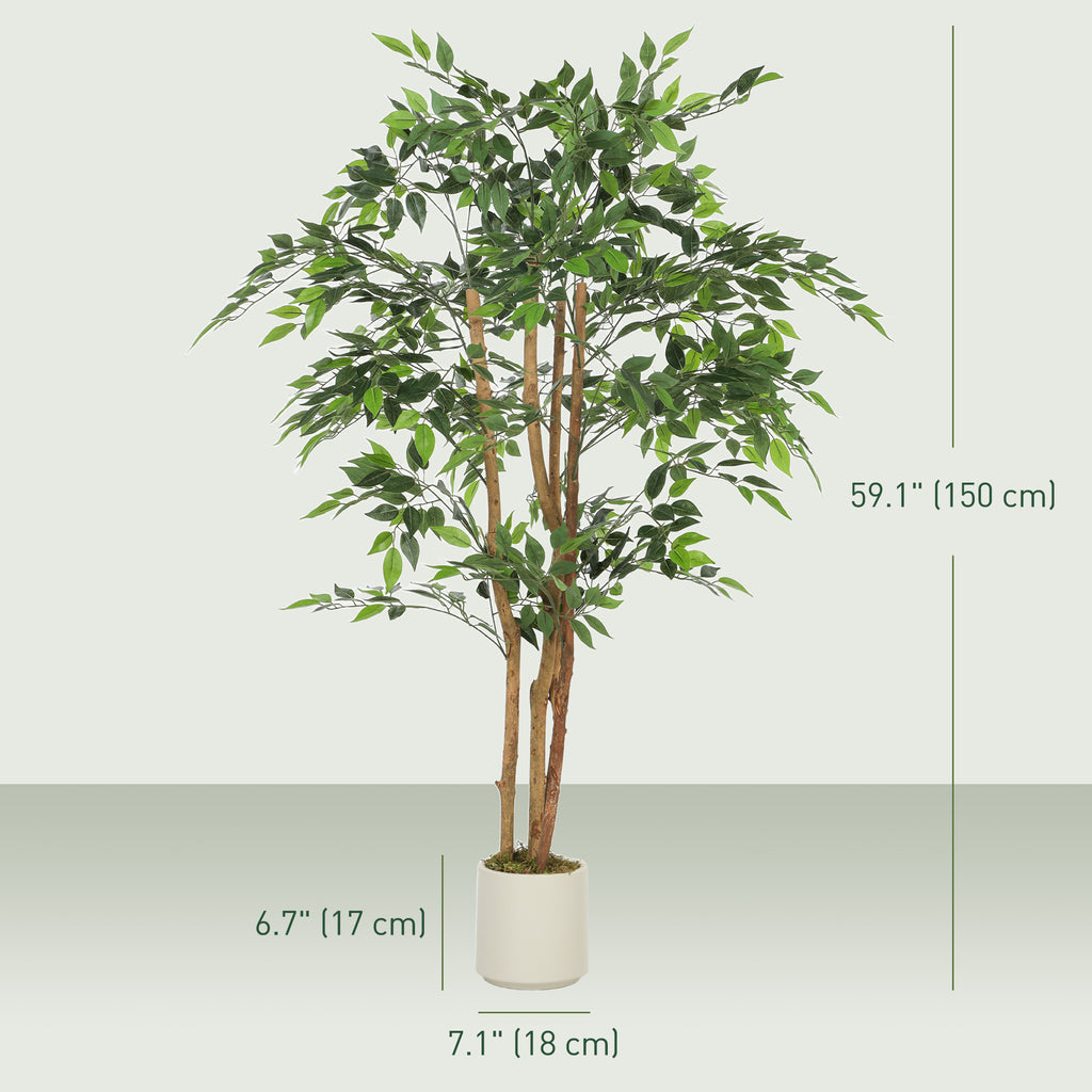5FT Artificial Banyan Tree Set of 2, Fake Potted Tree with Solid Wood Trunk and Pot for Indoor