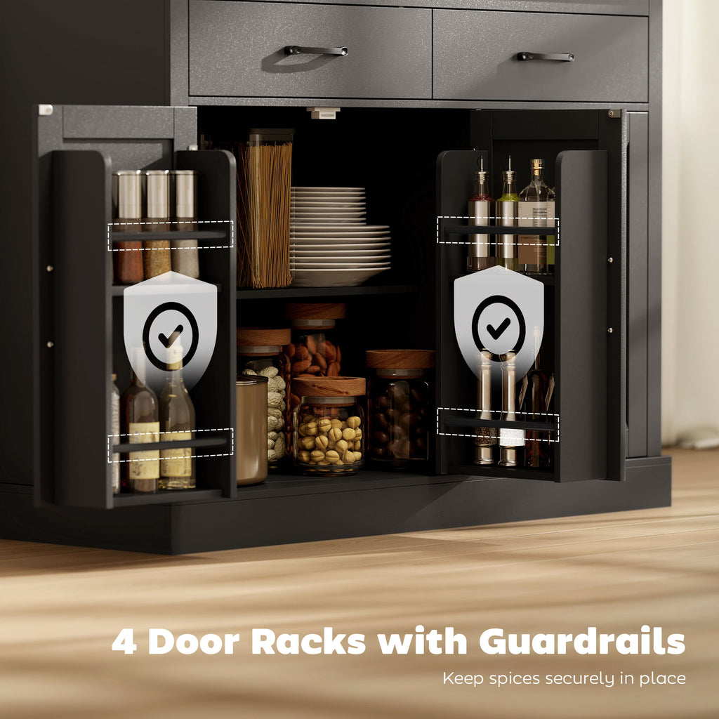 7 Gallon Tilt Out Garbage Cabinet, Kitchen Island with Charging Station, 2 Drawers, 4 Door Racks, Black