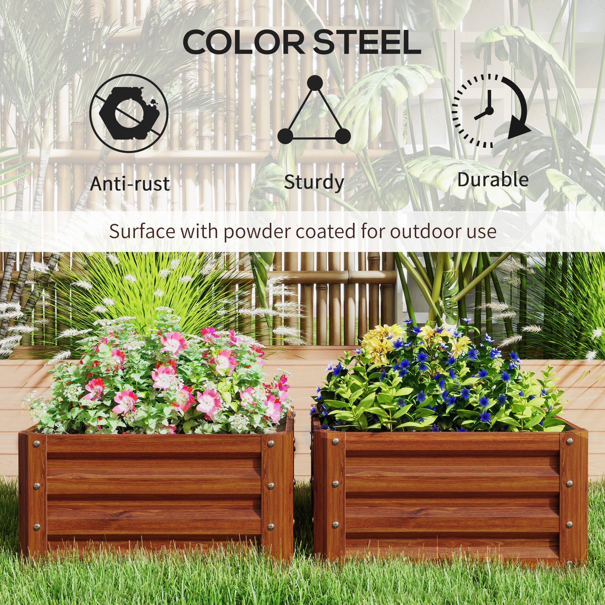 Galvanized Raised Garden Beds, Outdoor Planter Box, Set of 2, for Flowers, Herbs and Vegetables, Dark Brown Wood Effect