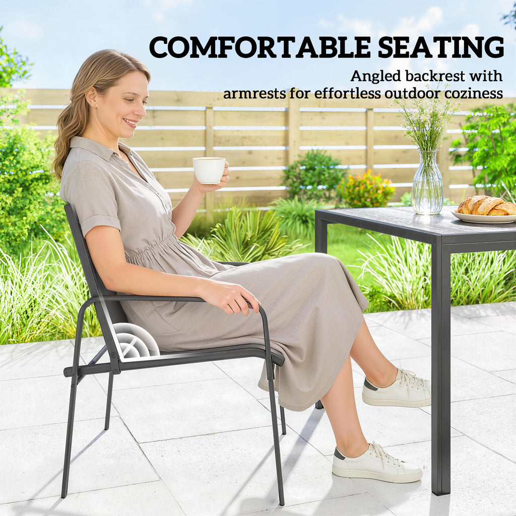 Outdoor Dining Set for 6, Faux Wood Patio Table and Chairs with Breathable Mesh Seat, Galvanized Steel Frame, Black