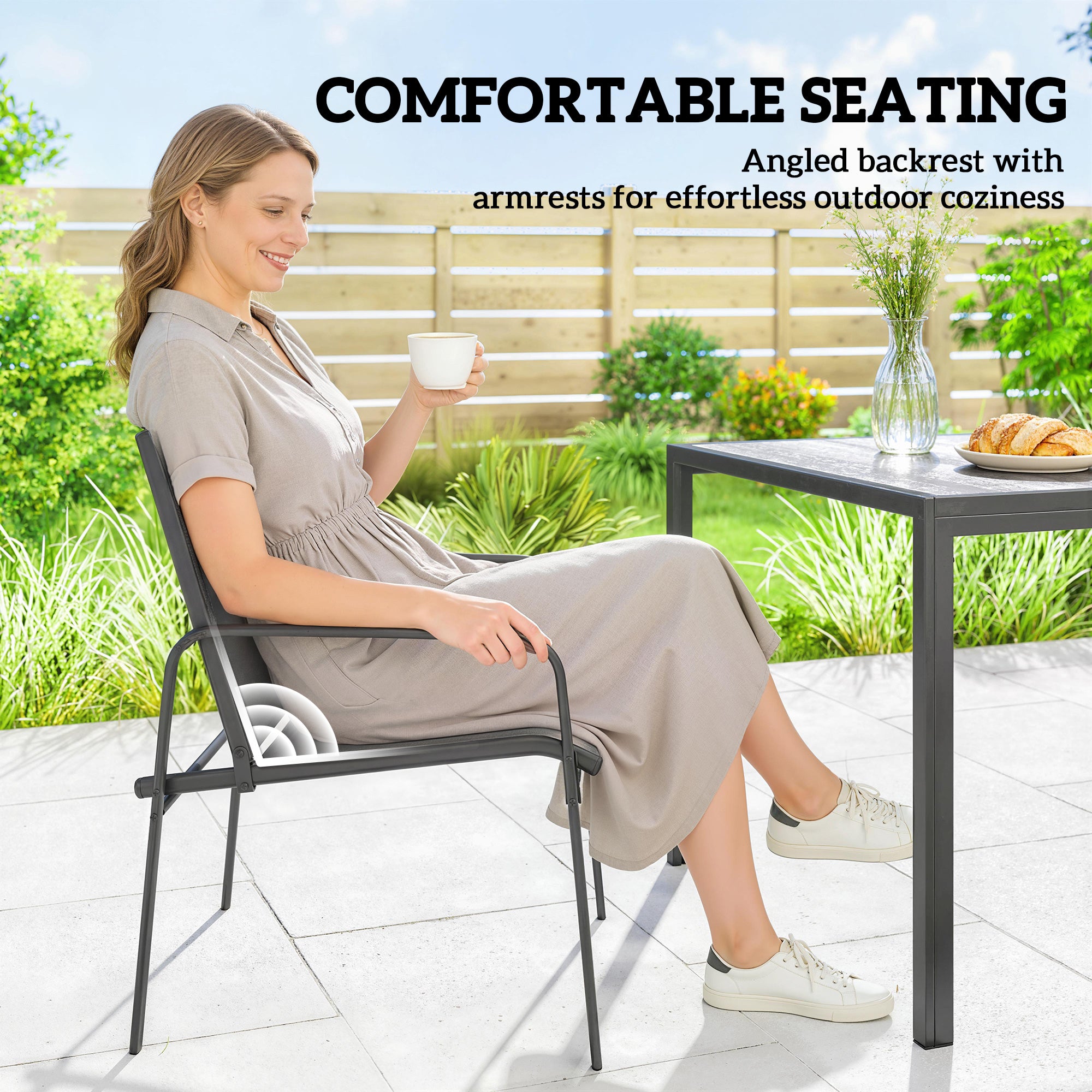 Outdoor Dining Set for 6, Faux Wood Patio Table and Chairs with Breathable Mesh Seat, Galvanized Steel Frame, Black