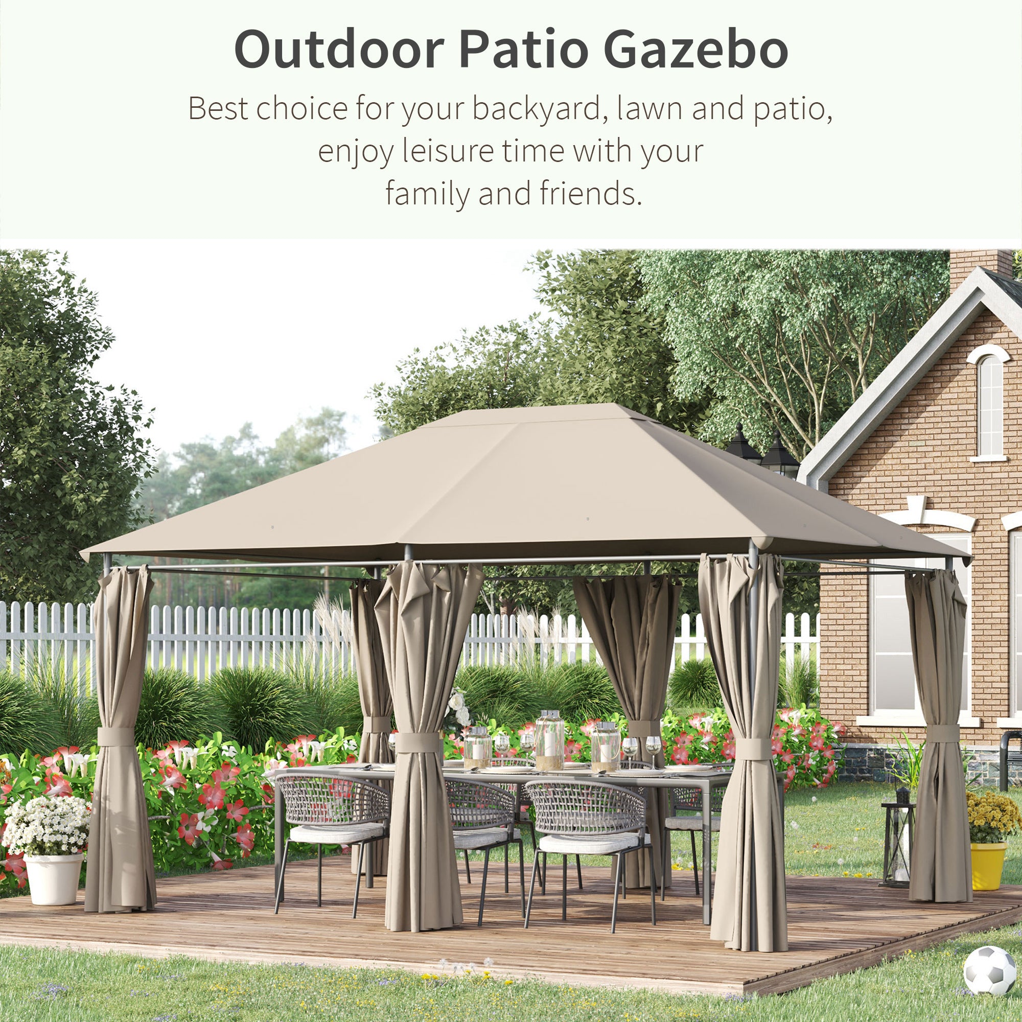 13'x 10' Soft-top Steel Patio Gazebo Canopy Party Tent with 6 Removable Curtains and Drainage Holes, Khaki