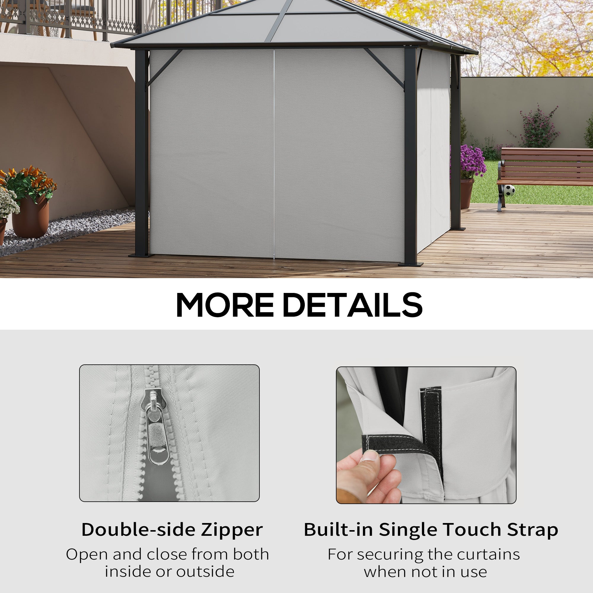 Gazebo Curtains, 10' x 12' Universal Replacement Privacy Curtain, 4-Panels Sidewall with Hooks/C-Rings, Light Grey