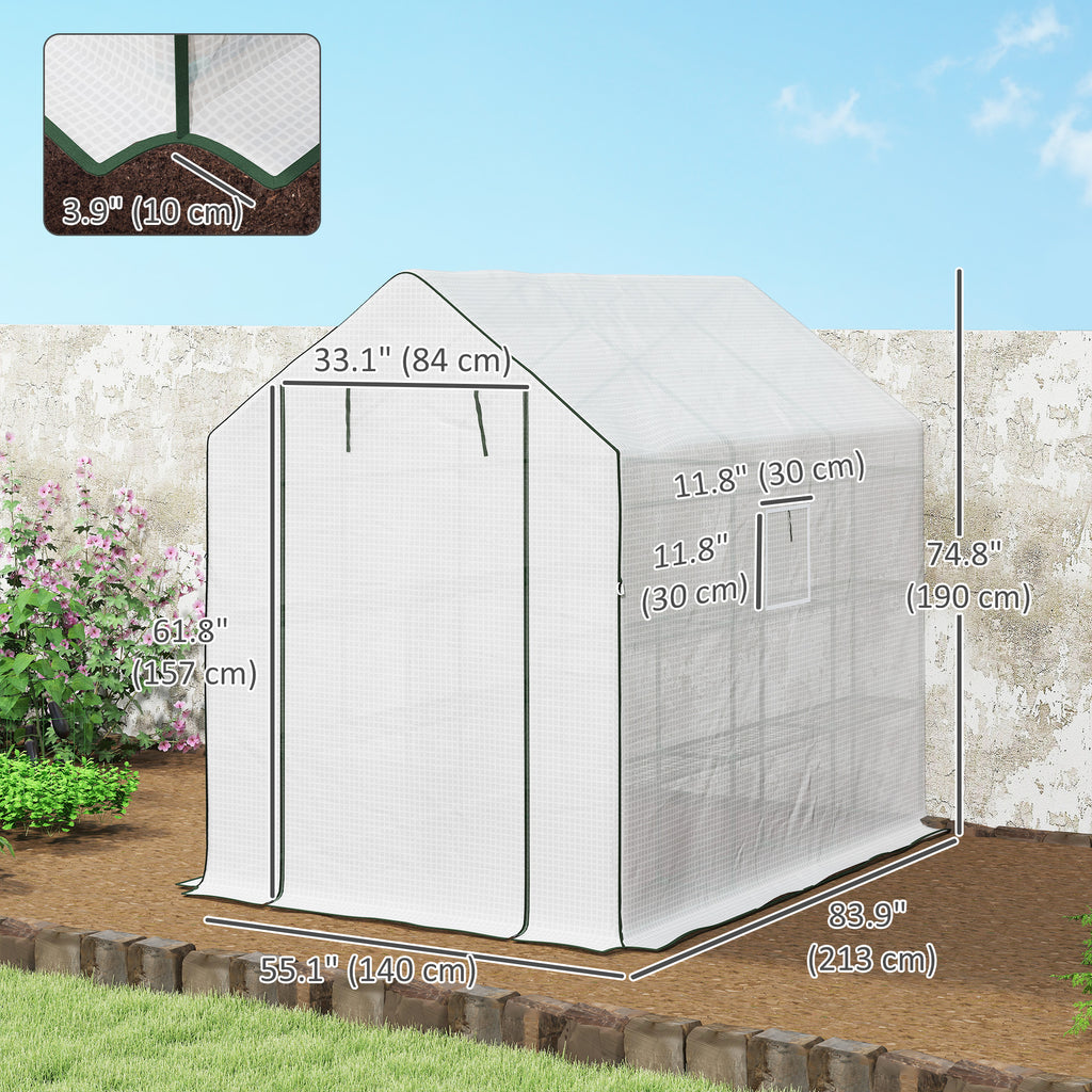 Walk-in Greenhouse with 3 Tier, Garden Plant Growhouse with Roll-up Door and Mesh Windows, 140 x 213 x 190 cm, White