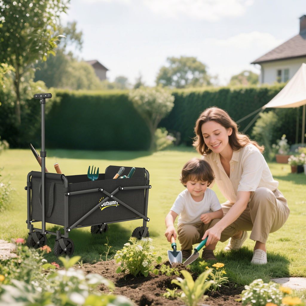 Small Collapsible Folding Garden Cart, Heavy Duty Lawn Wagon with Universal Wheels and Adjustable Handle, Black