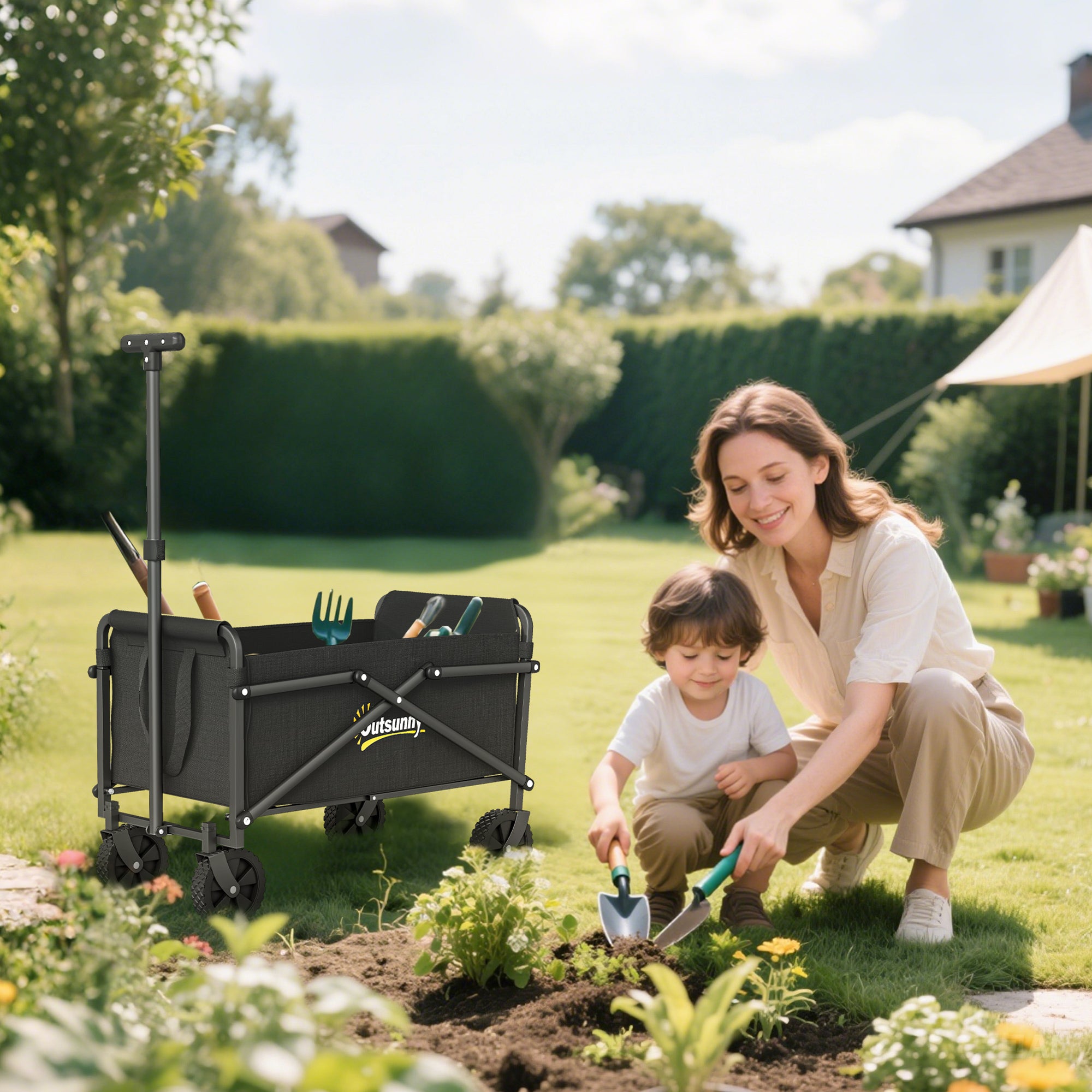 Small Collapsible Folding Garden Cart, Heavy Duty Lawn Wagon with Universal Wheels and Adjustable Handle, Black