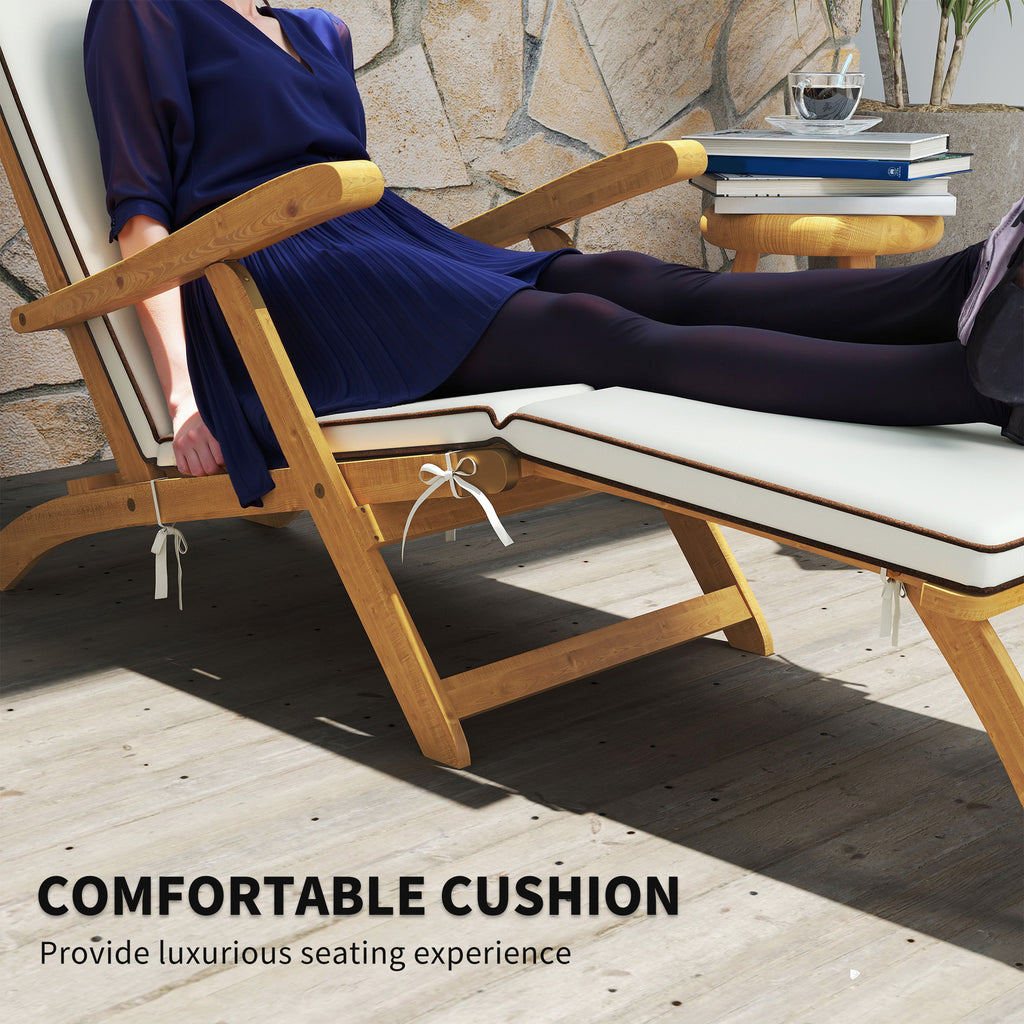 Folding Patio Lounge Chair with Padded Cushion, Acacia Wood Patio Lounger Recliner with Footrest for Garden, White