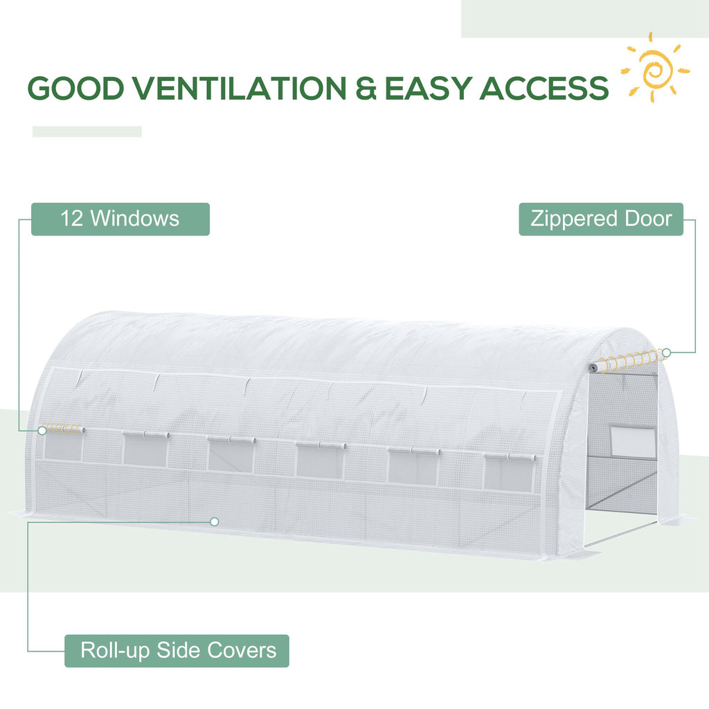 20'x10'x6.6' Tunnel Greenhouse with UV-Resistant Cover, Zippered Door and 12 Roll-up Windows, Outdoor Green House for Garden Plant, White
