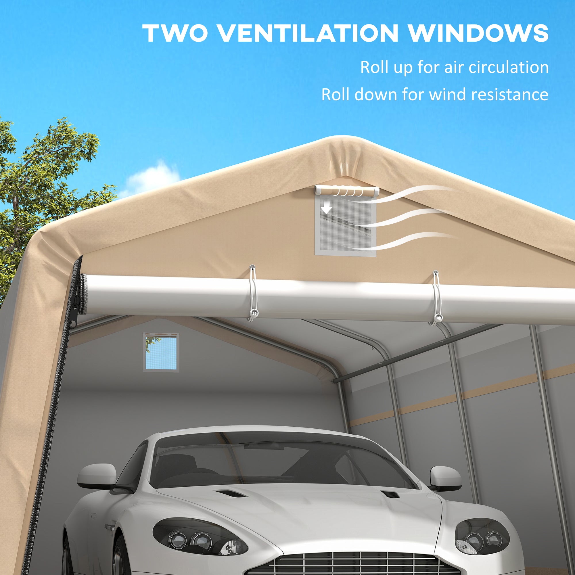 11' x 20' Portable Garage, Heavy Duty Carport Canopy with Ventilation Windows and Large Roll-up Door, Khaki