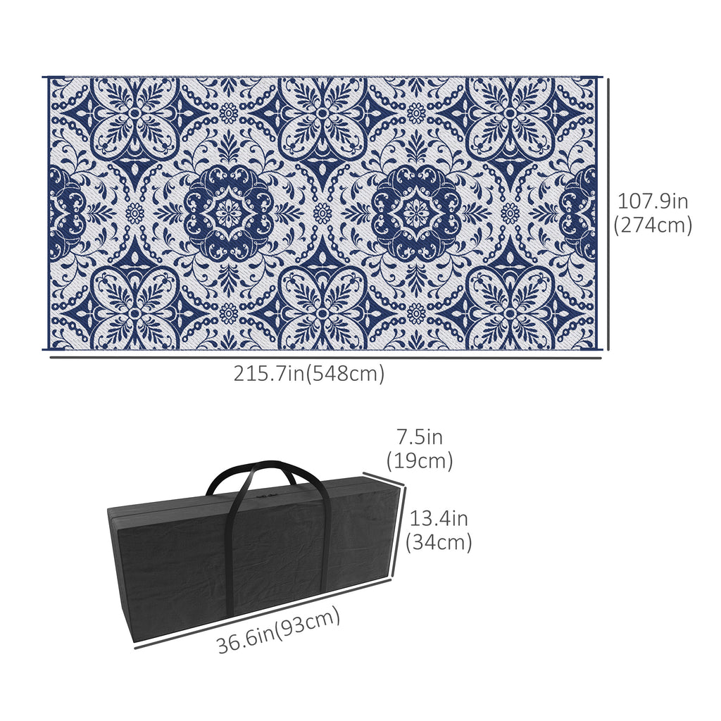 Portable Outdoor Rug with Carry Bag, 9' x 18' Reversible Mat, Waterproof Plastic Straw RV Rug, Blue & White Flower