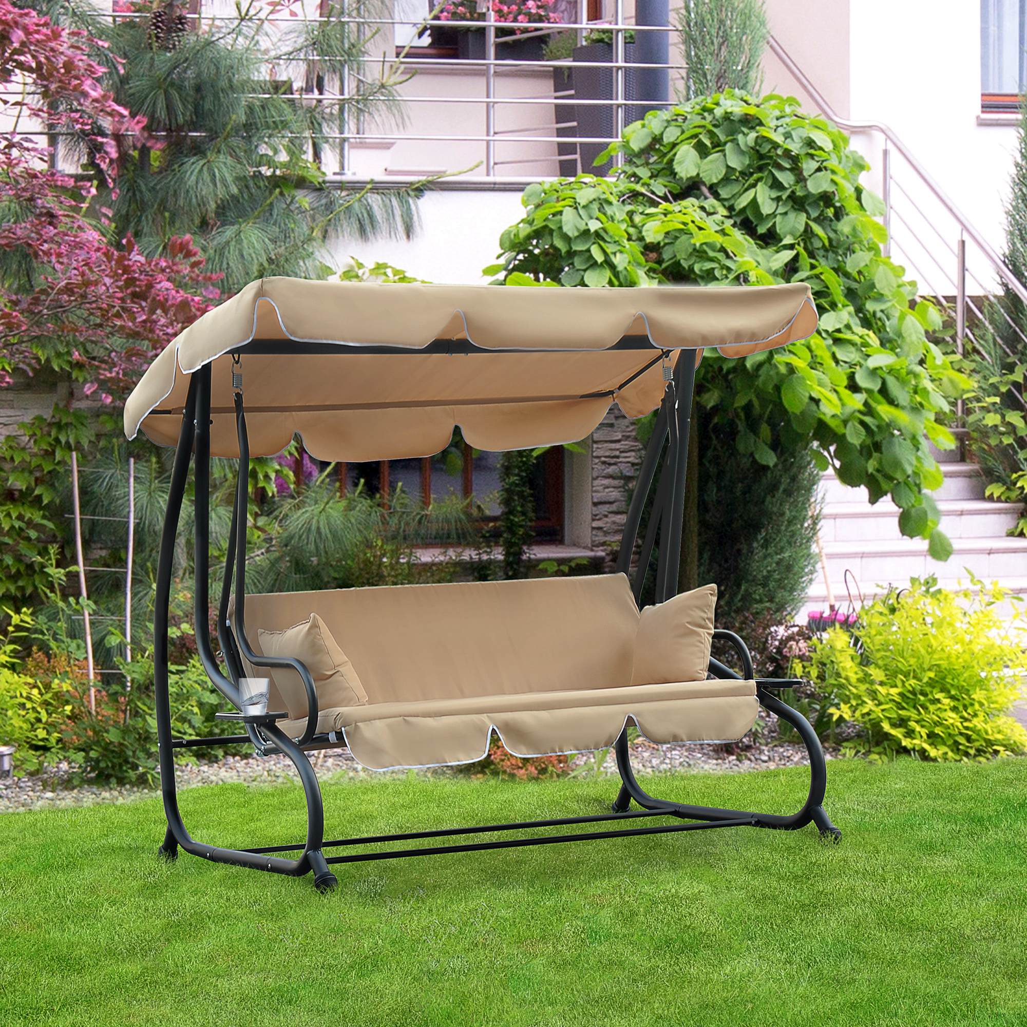 3-Seat Outdoor Patio Swing Chair, 2-in-1 Convertible Flat Bed, Canopy Swing with Adjustable Shade, Removable Cushions, Cup Holder, Beige