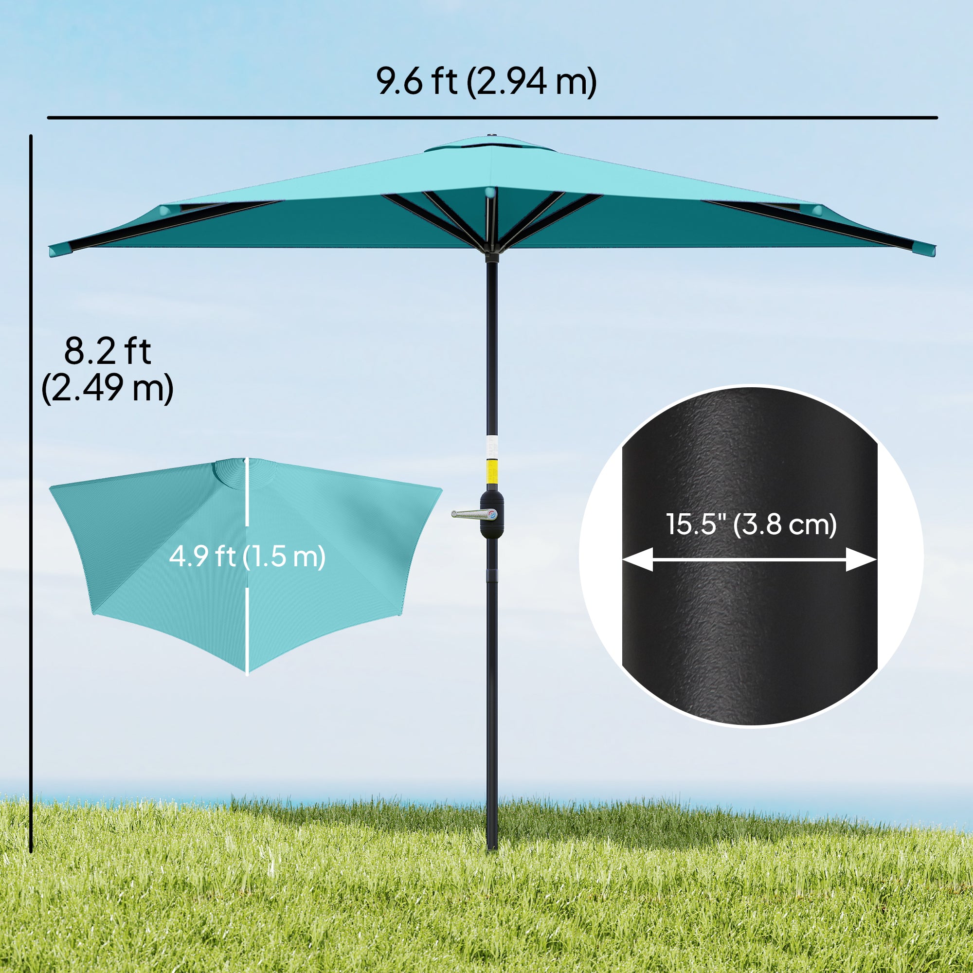 9.8ft Half Umbrella Semi Round Patio Parasol with Crank Handle, Top Vent for Garden, Balcony- NO BASE INCLUDED, Light Blue