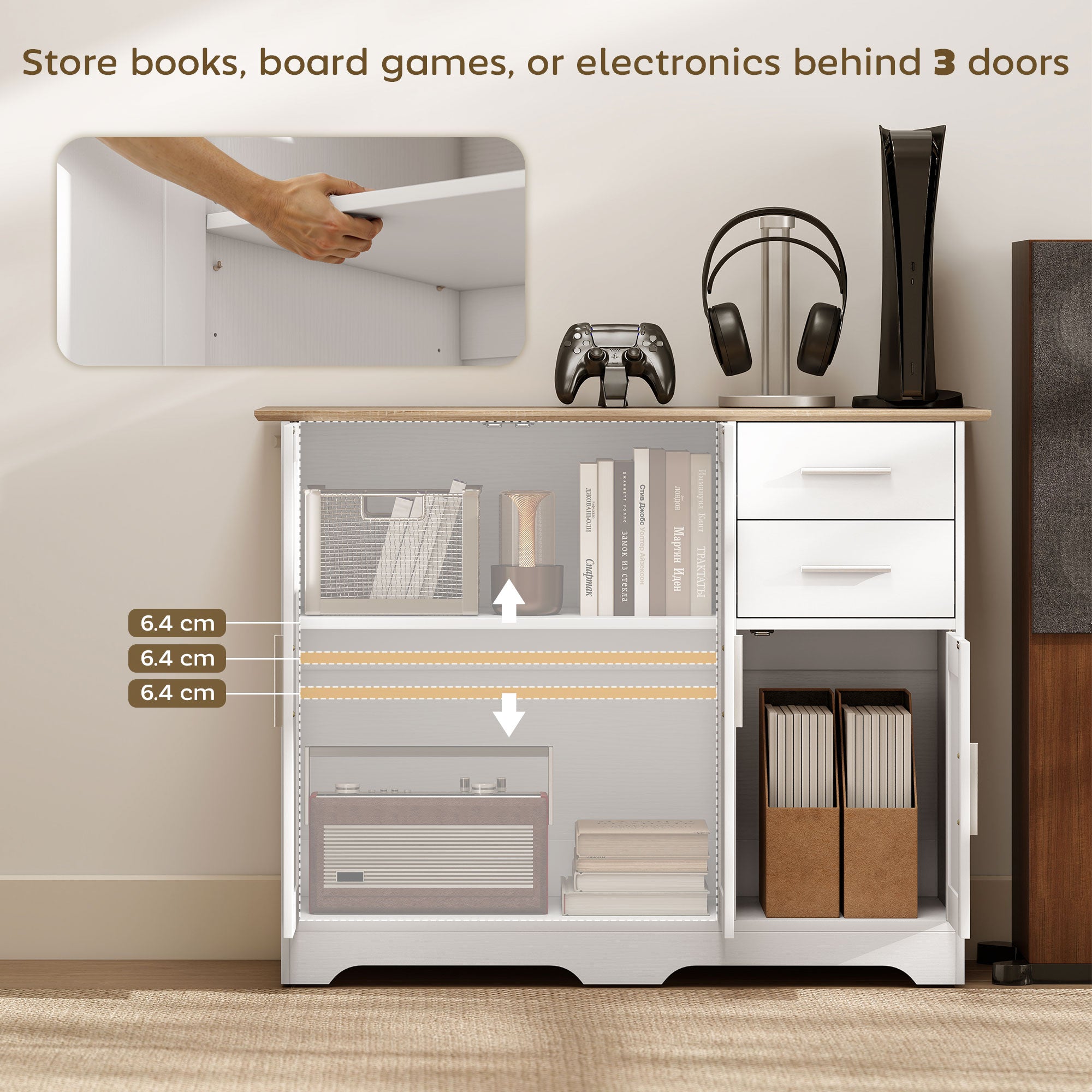 40" Sideboard Buffet Cabinet, Modern Kitchen Storage Cabinet with 2 Drawers, 3 Doors & Adjustable Shelf, White