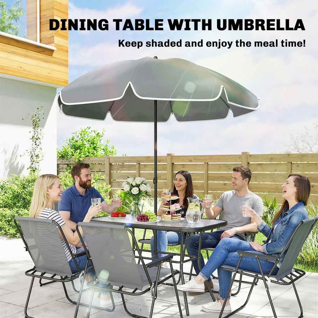 8 Piece Patio Table and Chairs Set with Folding Chairs, Tempered Glass Tabletop and Umbrella for Garden, Grey