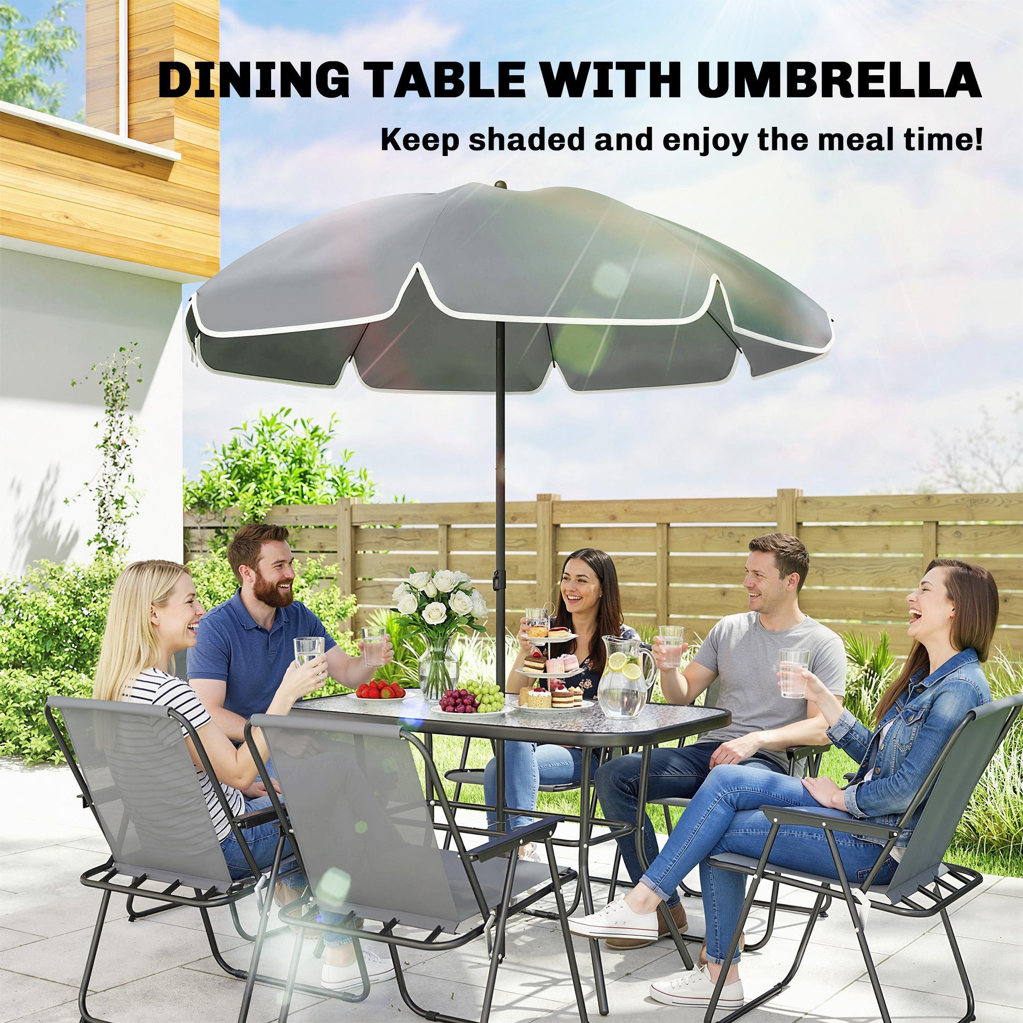 8 Piece Patio Table and Chairs Set with Folding Chairs, Tempered Glass Tabletop and Umbrella for Garden, Grey