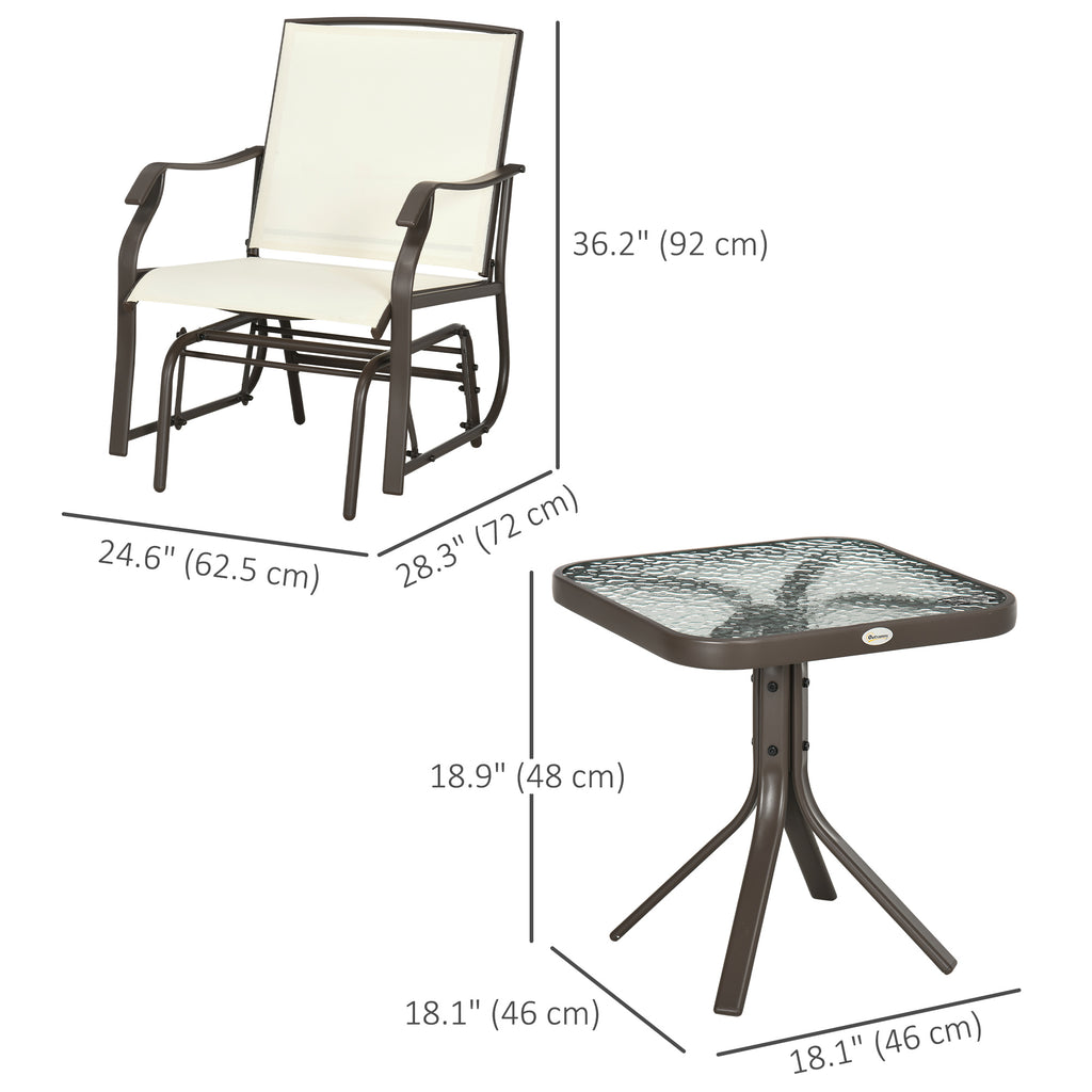 3 Piece Patio Glider Set Outdoor Gliders with Breathable Mesh Seat, Glass Top Table for Garden, Yard, Cream White
