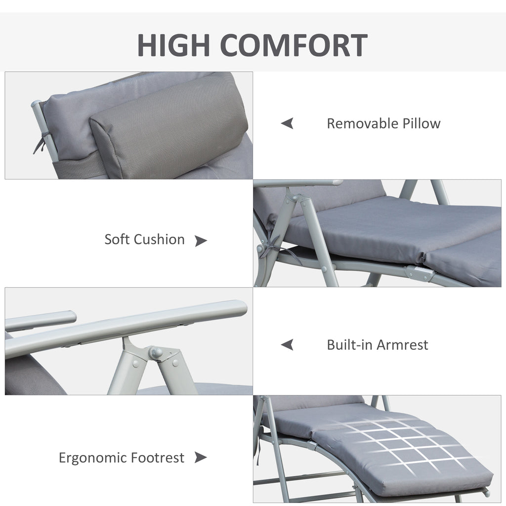 Lounge Chair Outdoor, Folding Patio Chaise Lounger, 360 lbs 7-Position Adjustable Back Outdoor Recliner with Cushion, Headrest for Garden, Backyard, Poolside, Grey