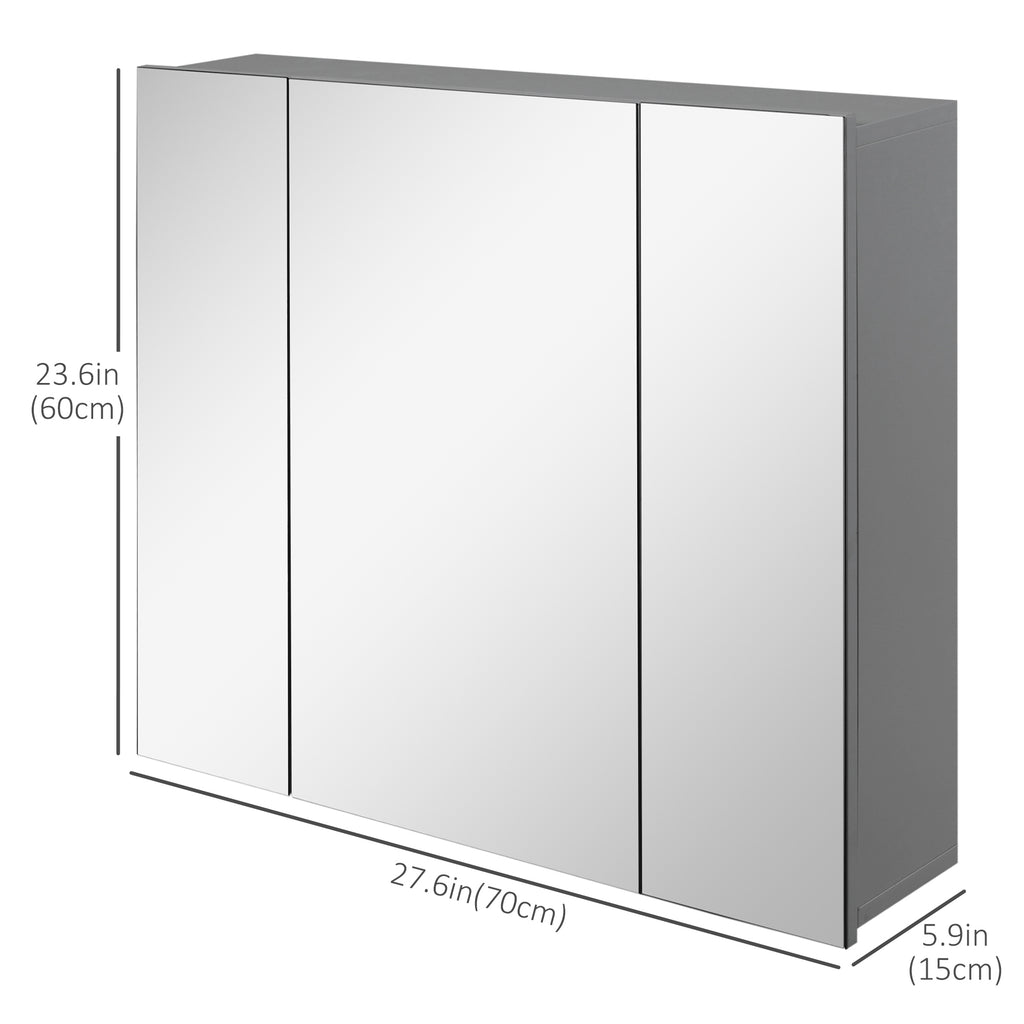 28" x 24" Wall Mounted Mirror Cabinet, Bathroom Medicine Cabinet with Mirror, 3 Doors and Adjustable Shelves, Grey