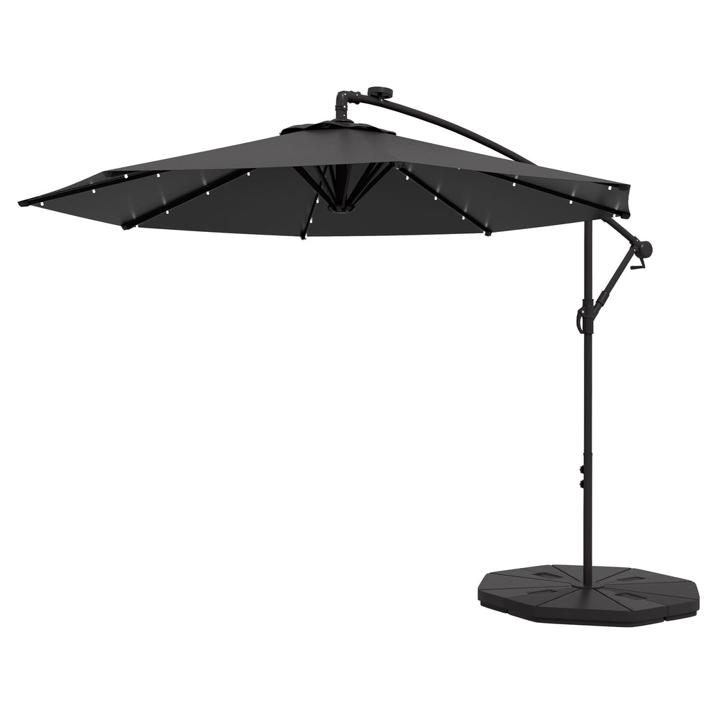 9.5' Offset Patio Umbrella Garden Parasol with Solar LED Lights and Weights, Dark Grey
