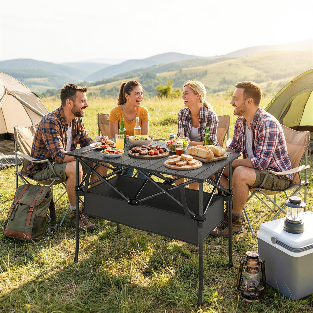 3ft Folding Camping Table, Picnic Table with Mesh Storage Net, Carrying Bag and Metal Frame, Black