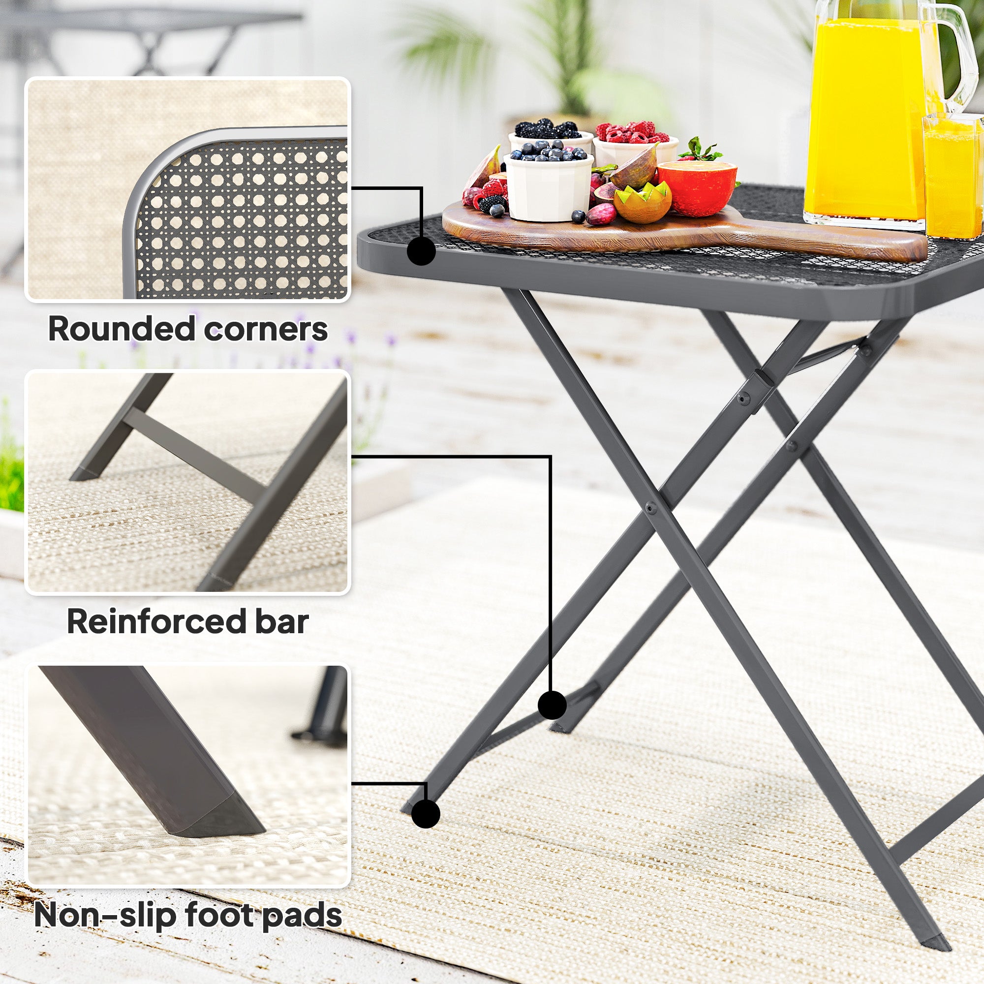 27.5" Square Outdoor Patio Table, Outdoor Folding Table with Grid Rattan-Like Top for Camping, Picnic, Light Grey