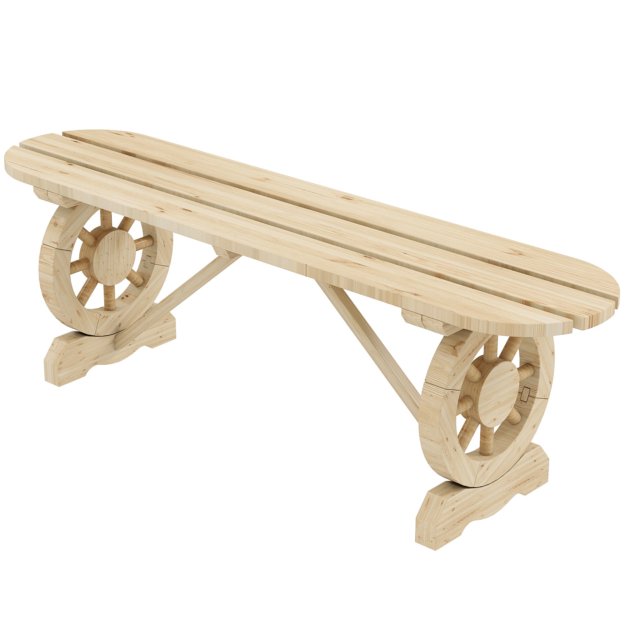 2-Person Outdoor Bench, Wood Garden Bench with Wagon Wheel Legs, Slatted Seat for Patio, Park, Backyard, Natural Wood