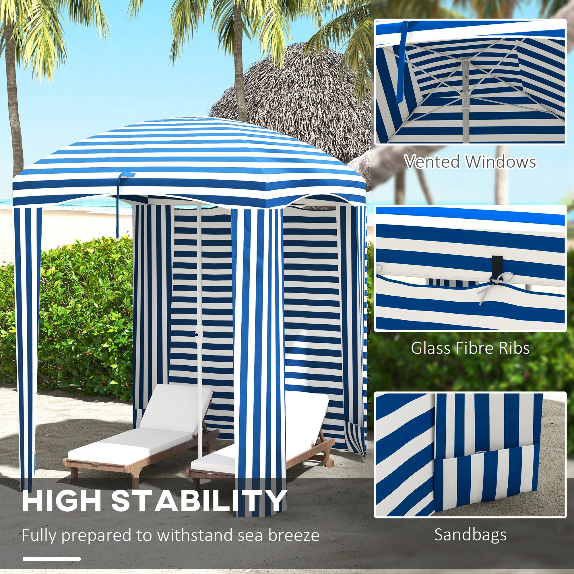 70.1" L x 70.1" W Cabana Umbrella with Walls, Vents, Ruffles, Carry Bag, Beach Umbrella, Blue White Stripe
