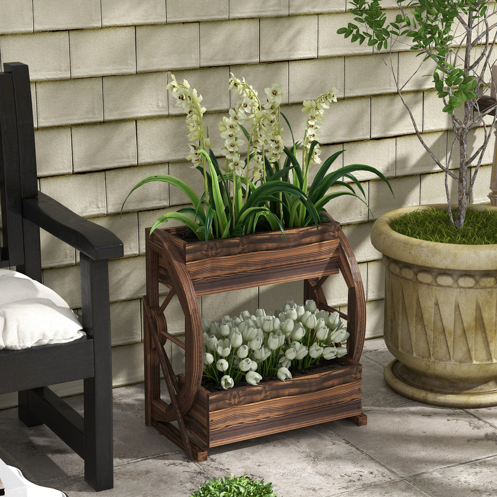 Wooden Wagon Planter Box, 2-Tier Raised Garden Bed, for Vegetables Flowers Herbs