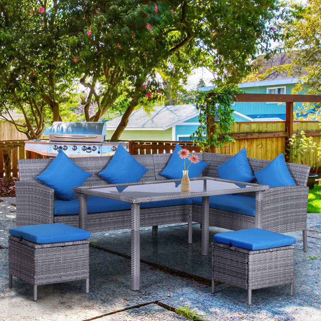 5 Pieces Wicker Patio Conversation Dining Furniture Set with Cushions, Table and Ottomans, Bright Blue