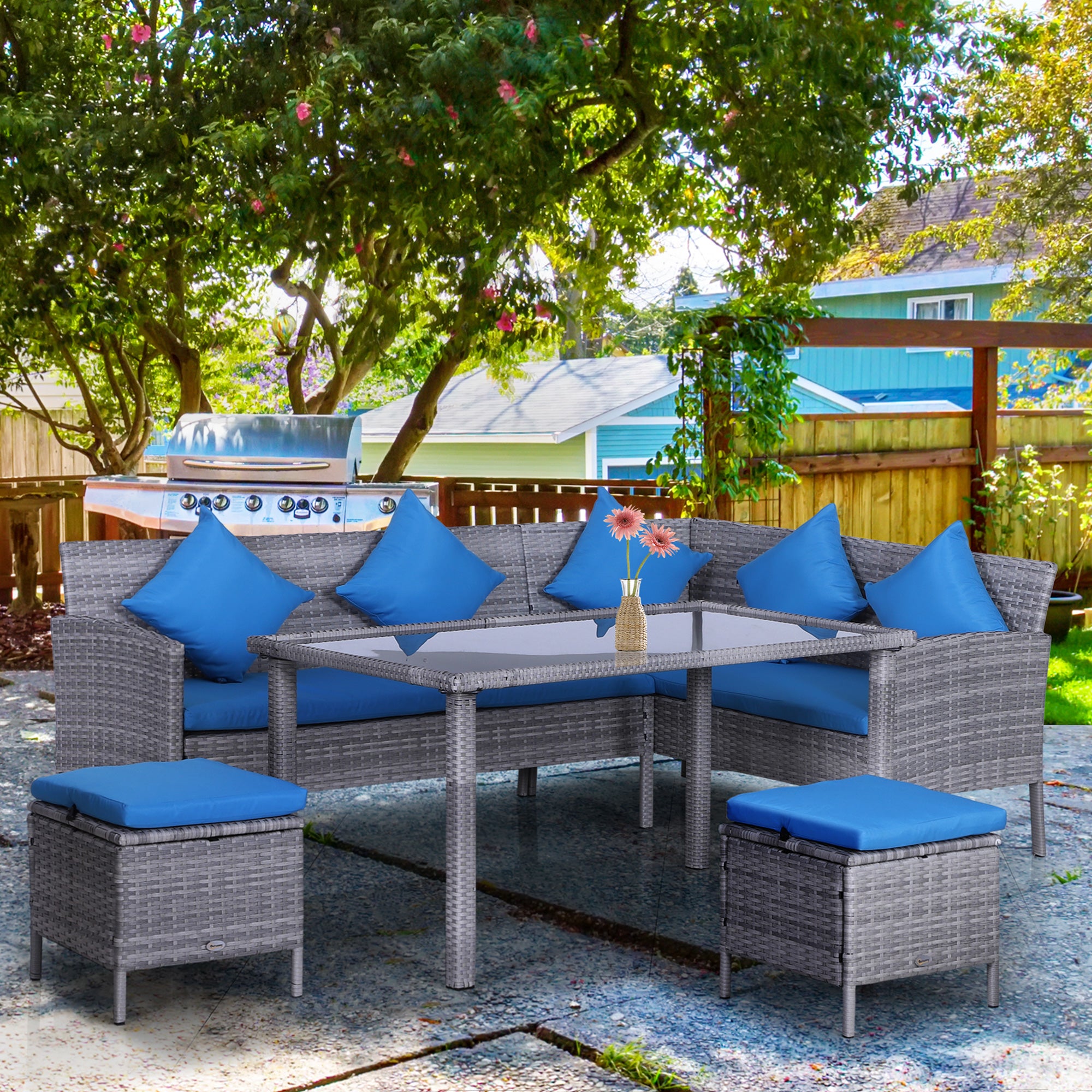 5 Pieces Wicker Patio Conversation Dining Furniture Set with Cushions, Table and Ottomans, Bright Blue