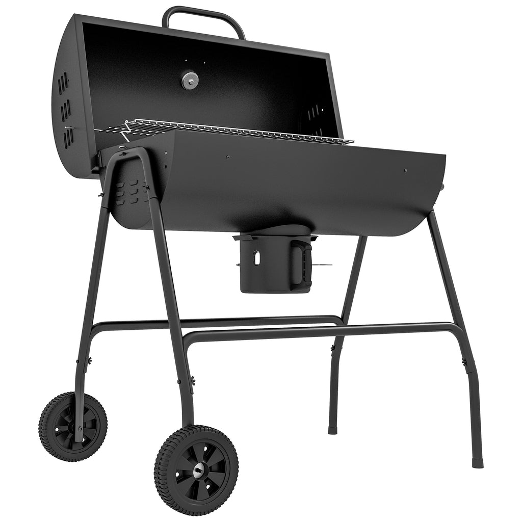 Barrel Charcoal BBQ Smoker, Barbecue with 420 sq.in. Cooking Area, Wheels, Ash Catcher, Black