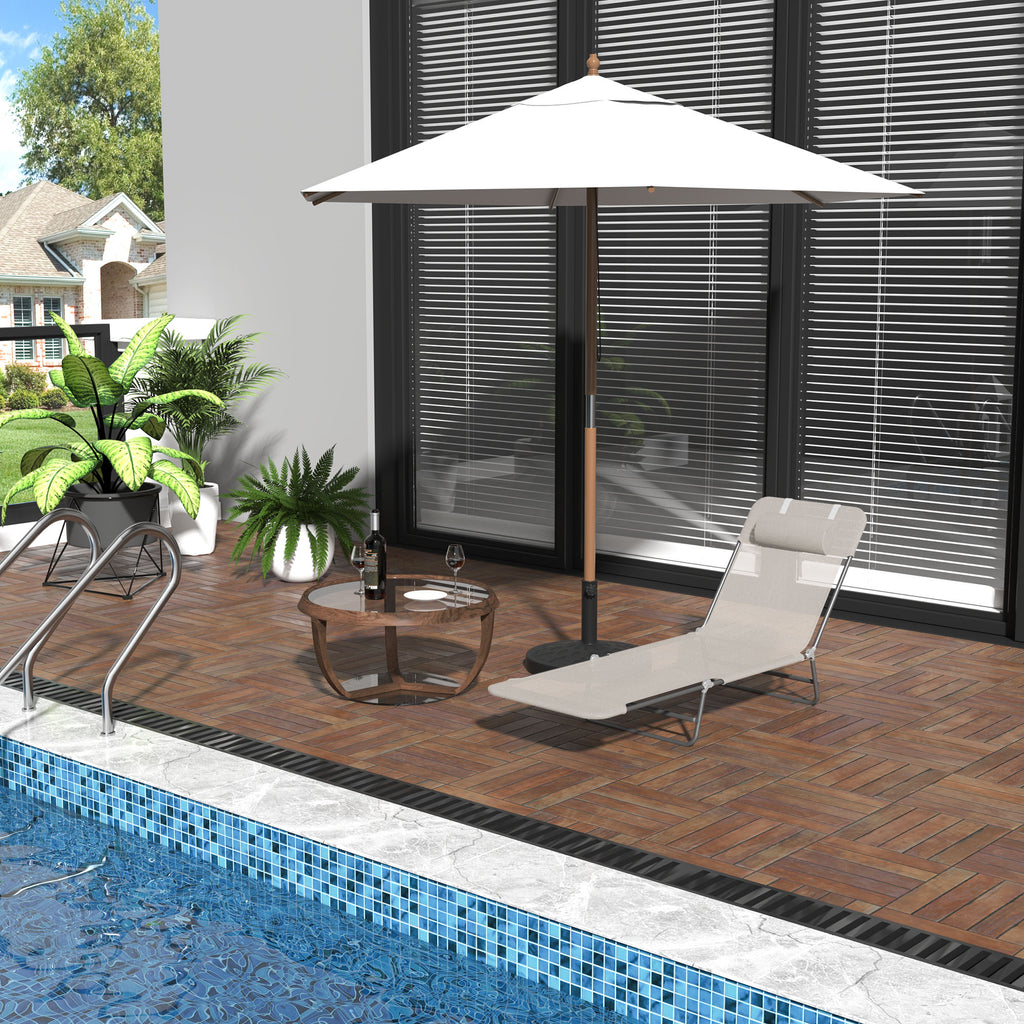 Outdoor Lounge Chair, Portable Adjustable Reclining Seat Folding Chaise Lounge Patio Camping Beach Tanning Chair Bed with Pillow, Beige