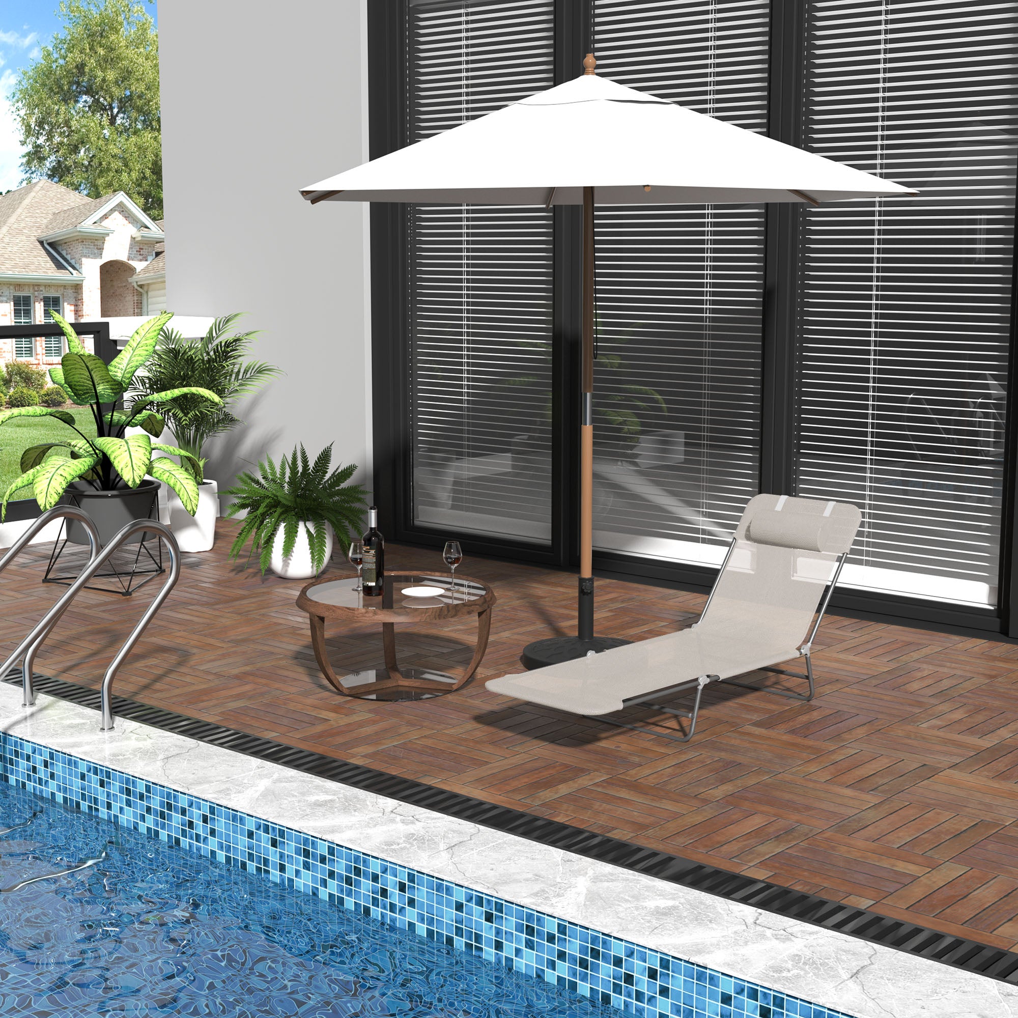 Outdoor Lounge Chair, Portable Adjustable Reclining Seat Folding Chaise Lounge Patio Camping Beach Tanning Chair Bed with Pillow, Beige