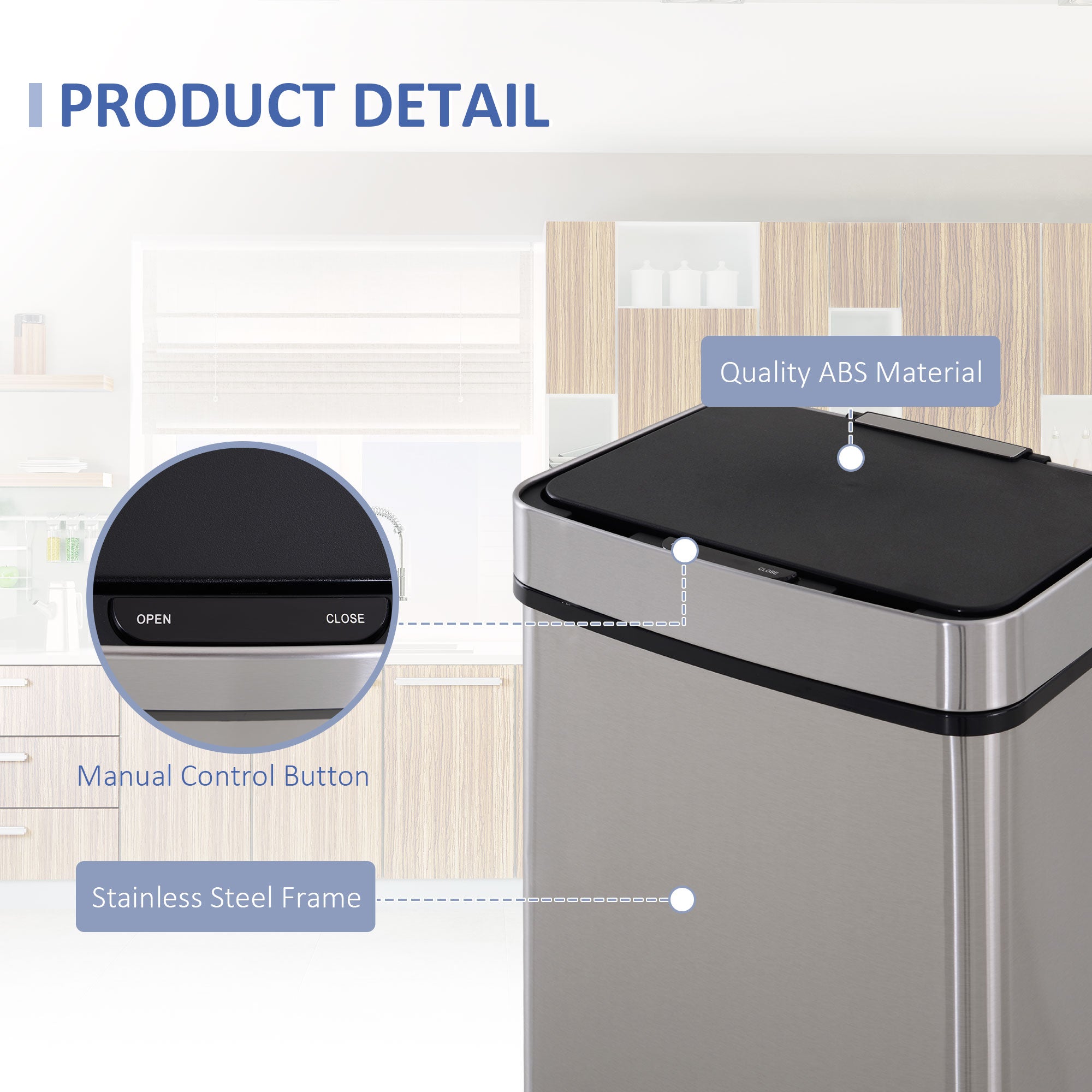 Sensor Trash Can, 19 Gallon Stainless Steel Kitchen Garbage Can with 3 Compartments, Removable Inner Buckets, Silver