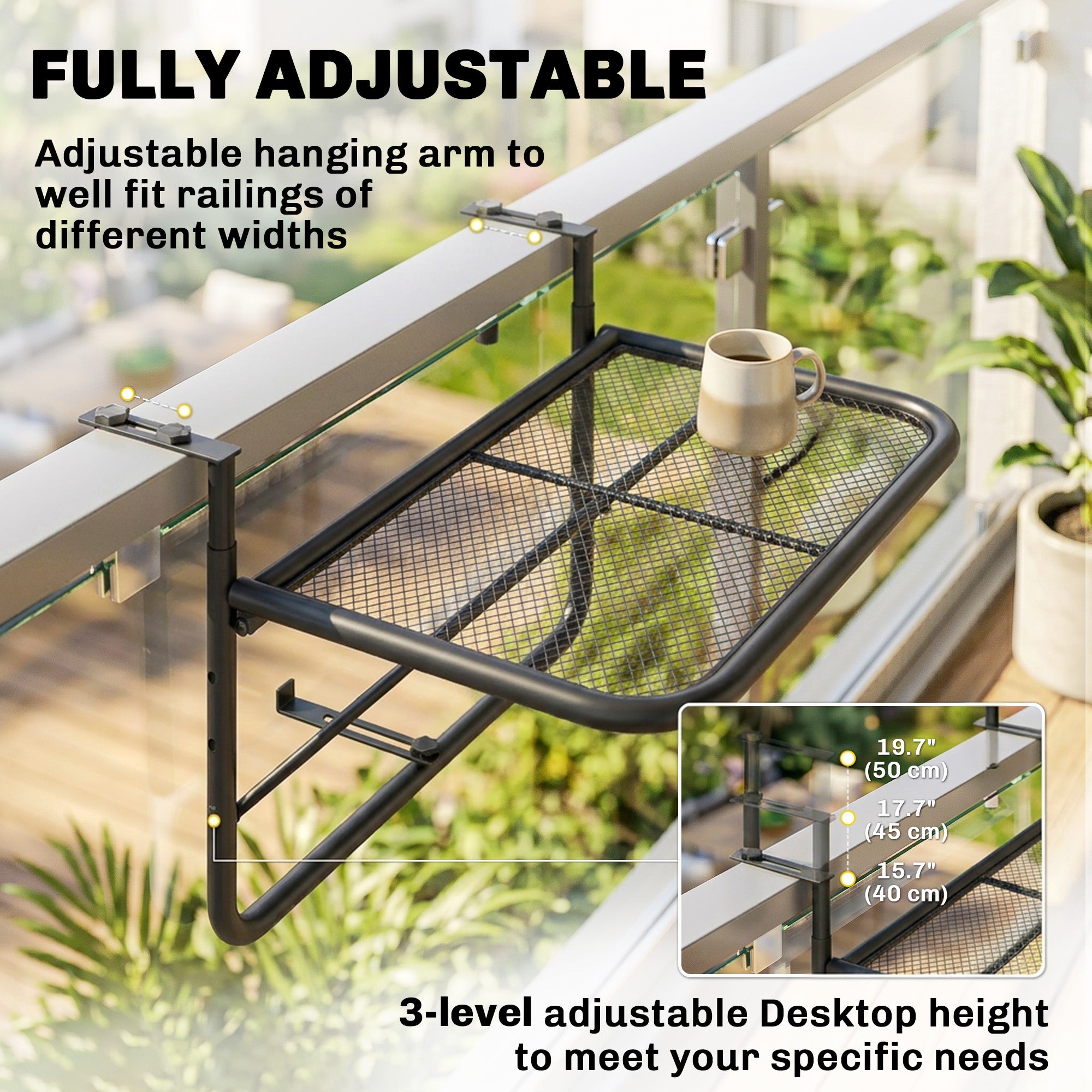 Adjustable Balcony Hanging Railing Table, Metal Mounting Mini Wall Desk Storage Rack, Outdoor Flower Stand Serving Table Rectangle, Black