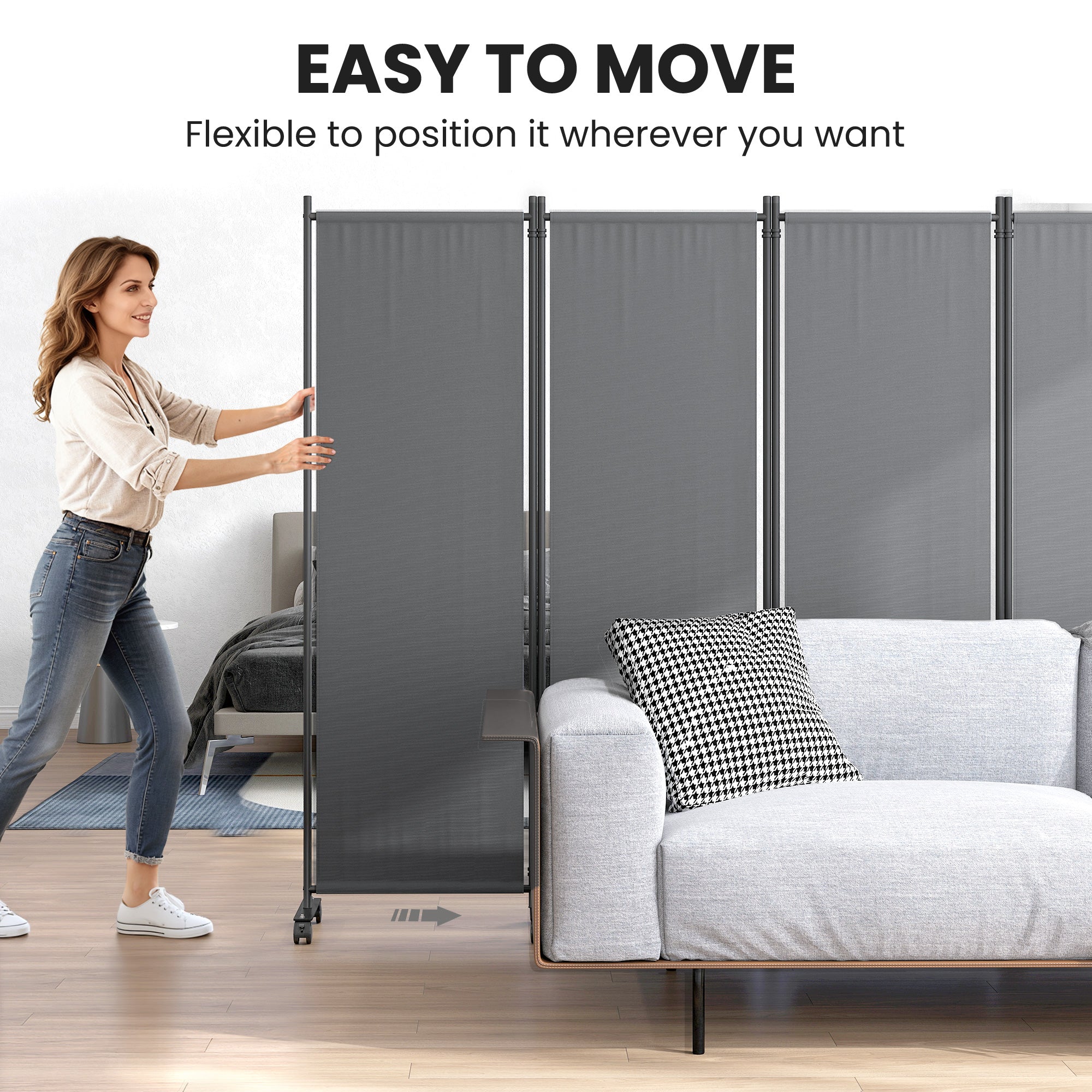 Folding Room Divider with Castor Wheels, Rolling Privacy Screen for Home Office Bedroom, 5.6ft Tall