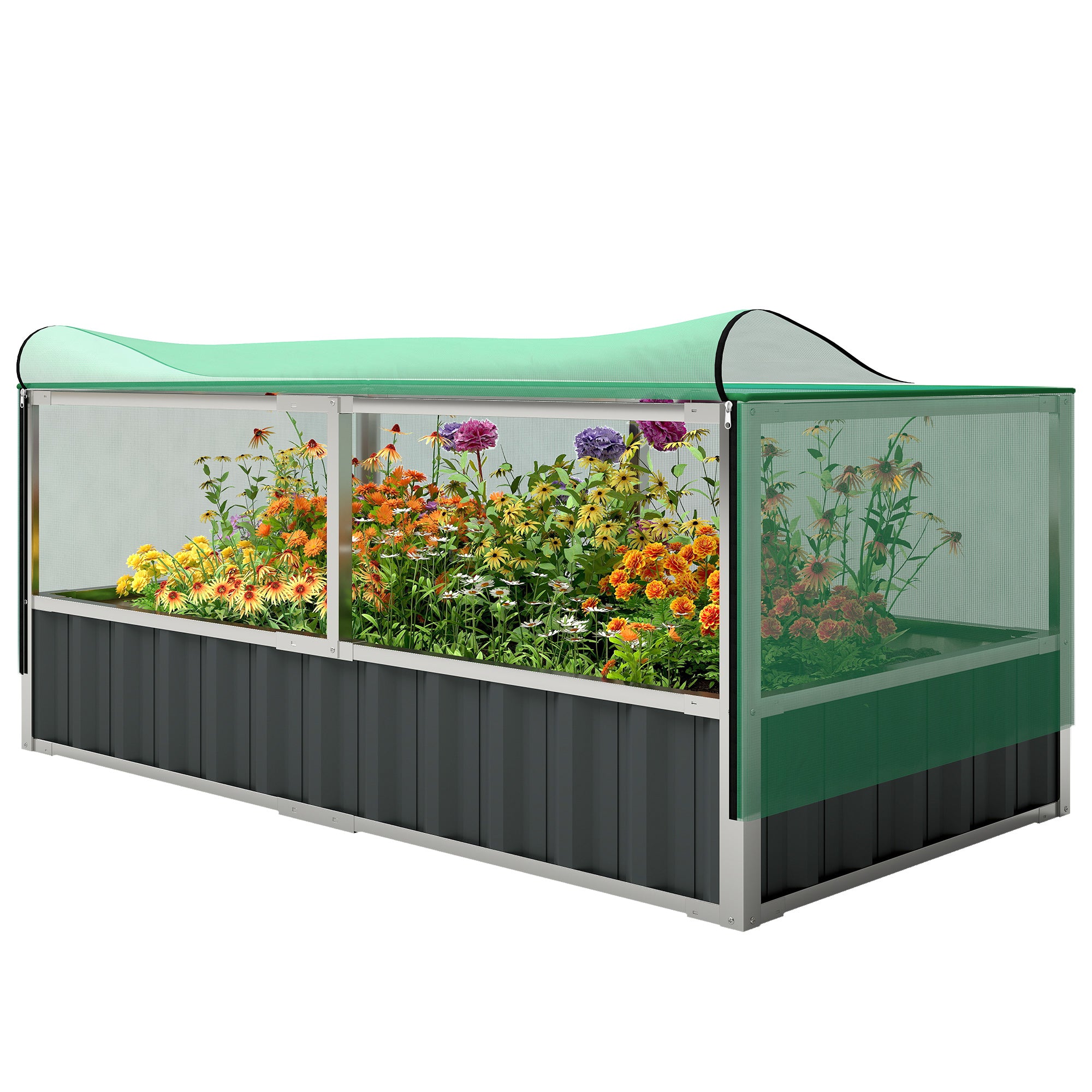 Raised Garden Bed, 5.7 x 3 x 2.3ft Steel Planter Box Outdoor with Cover, Gloves, Dark Grey
