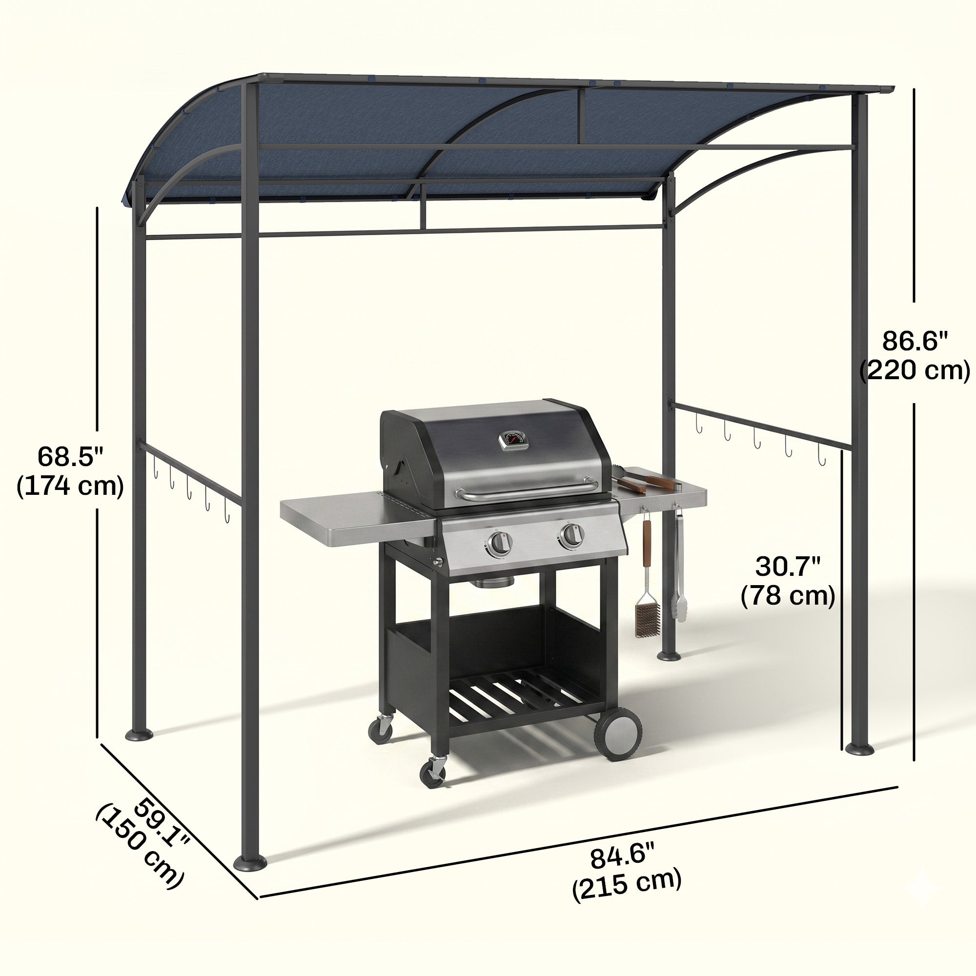 7' x 5' BBQ Grill Gazebo Tent, Garden Grill Canopy with Steel Frame and Hooks, Outdoor Sun Shade, Grey