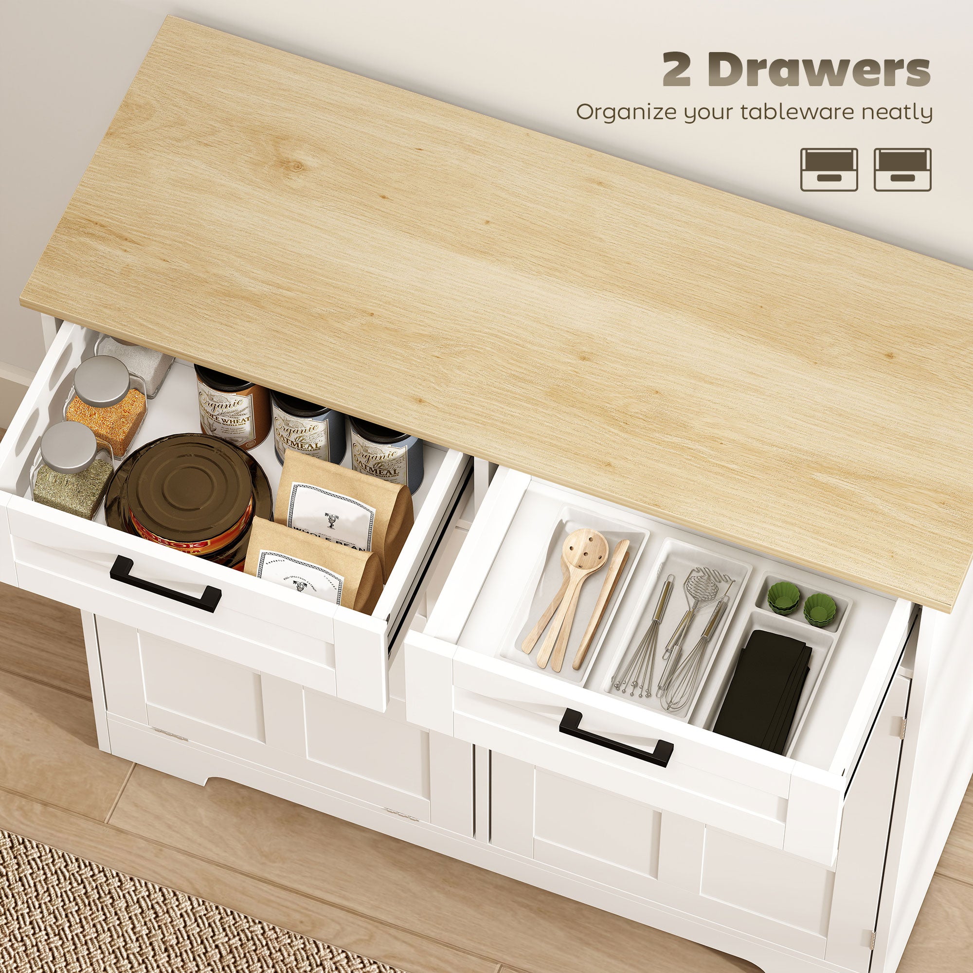 13 Gallon Tilt Out Garbage Cabinet, Kitchen Island with Trash Cabinet, 2 Drawers, Door Racks, Adjustable Shelves, White