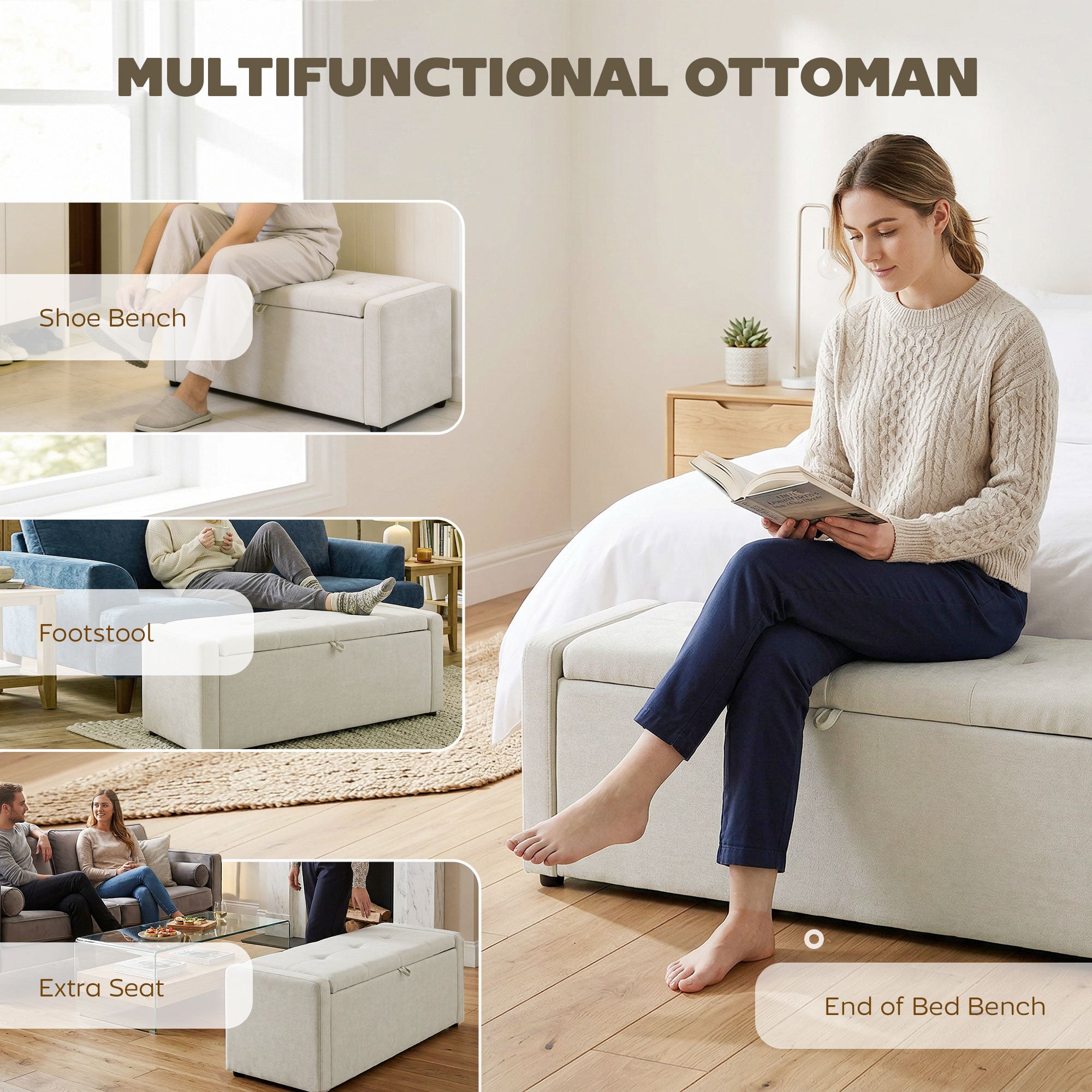 Storage Ottoman Bench, Linen-Look Fabric Upholstered Ottoman with Storage, Wide Padded Seat, Cream White