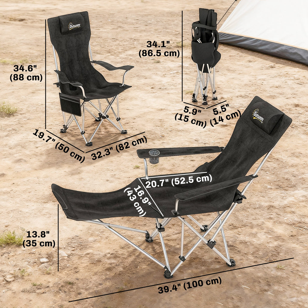 Set of 2 Reclining Camping Chair with Foot Rest, Folding Camping Chair w/ Headrest, Cup Holder, Storage Bag, Black