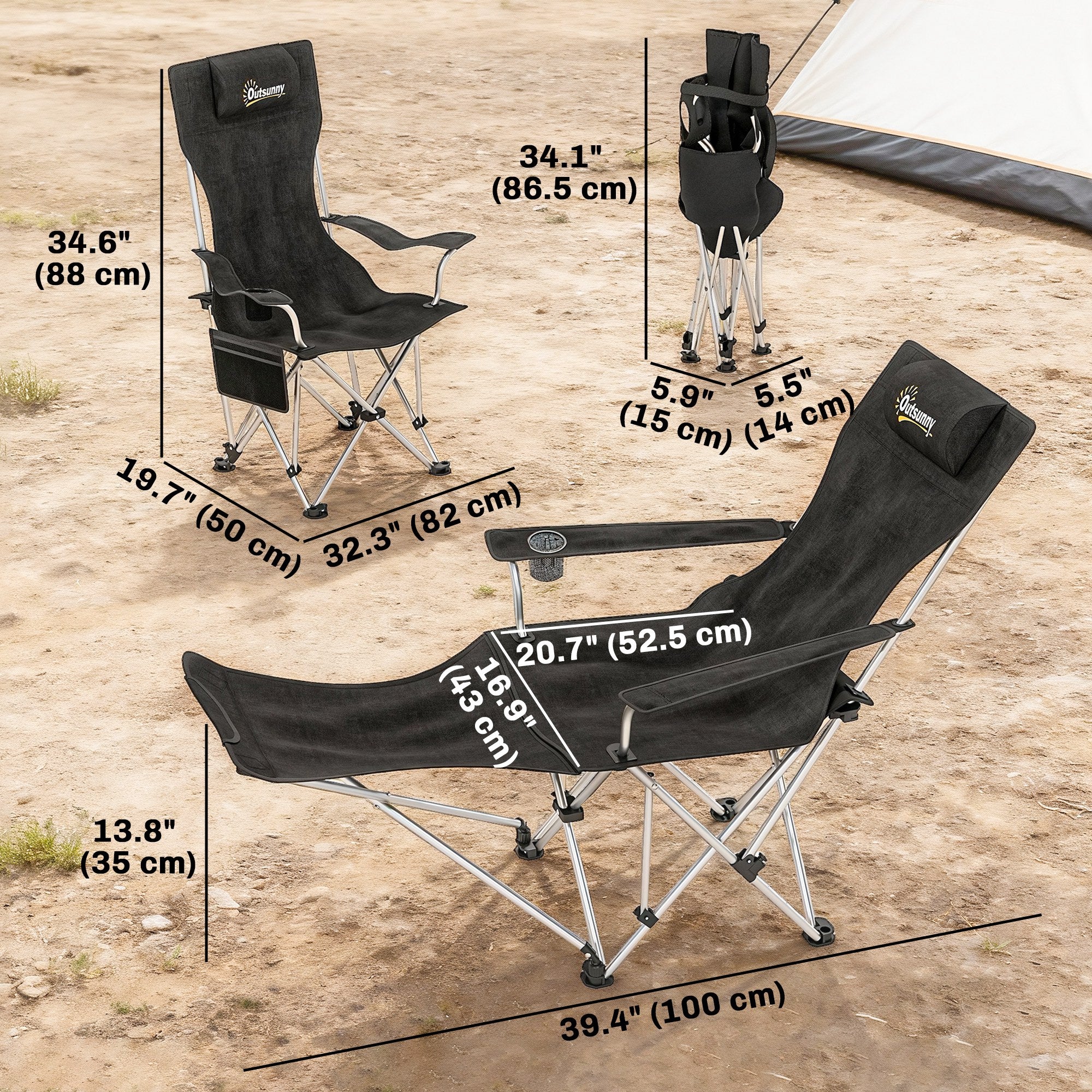 Set of 2 Reclining Camping Chair with Foot Rest, Folding Camping Chair w/ Headrest, Cup Holder, Storage Bag, Black