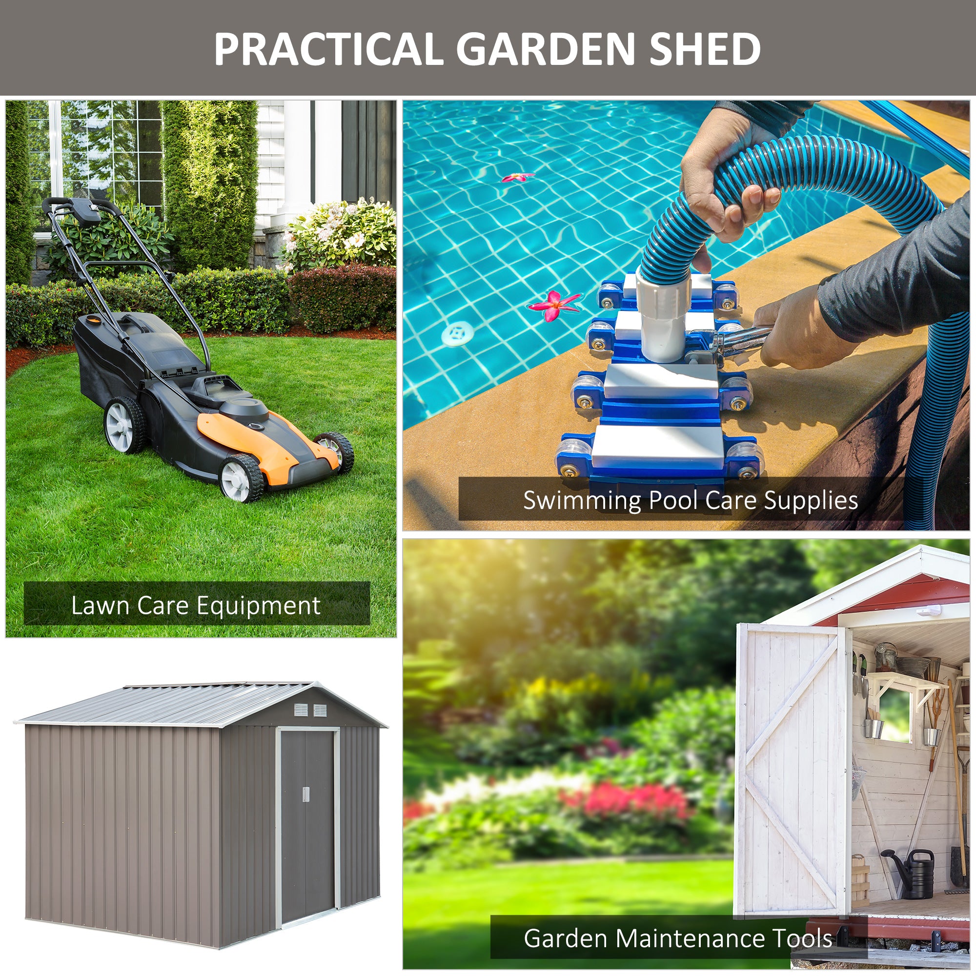 9'x6.3'Garden Storage Outdoor Shed w/ Floor Foundation Outdoor Yard Metal Tool Storage House Grey White