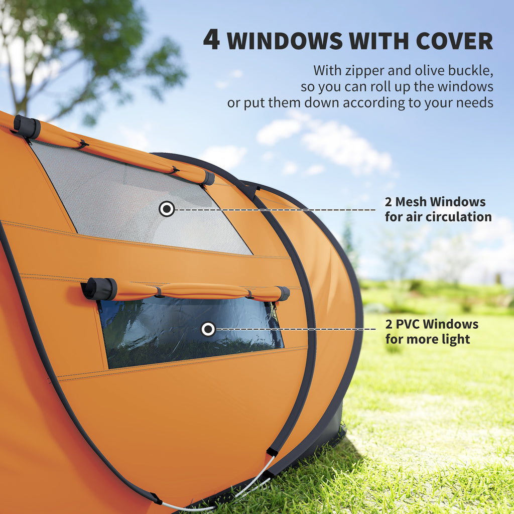 4 Person Camping Tent, Easy Pop Up Tent with Doors, Windows and Carry Bag, Automatic Setup Tent for Hiking, Orange