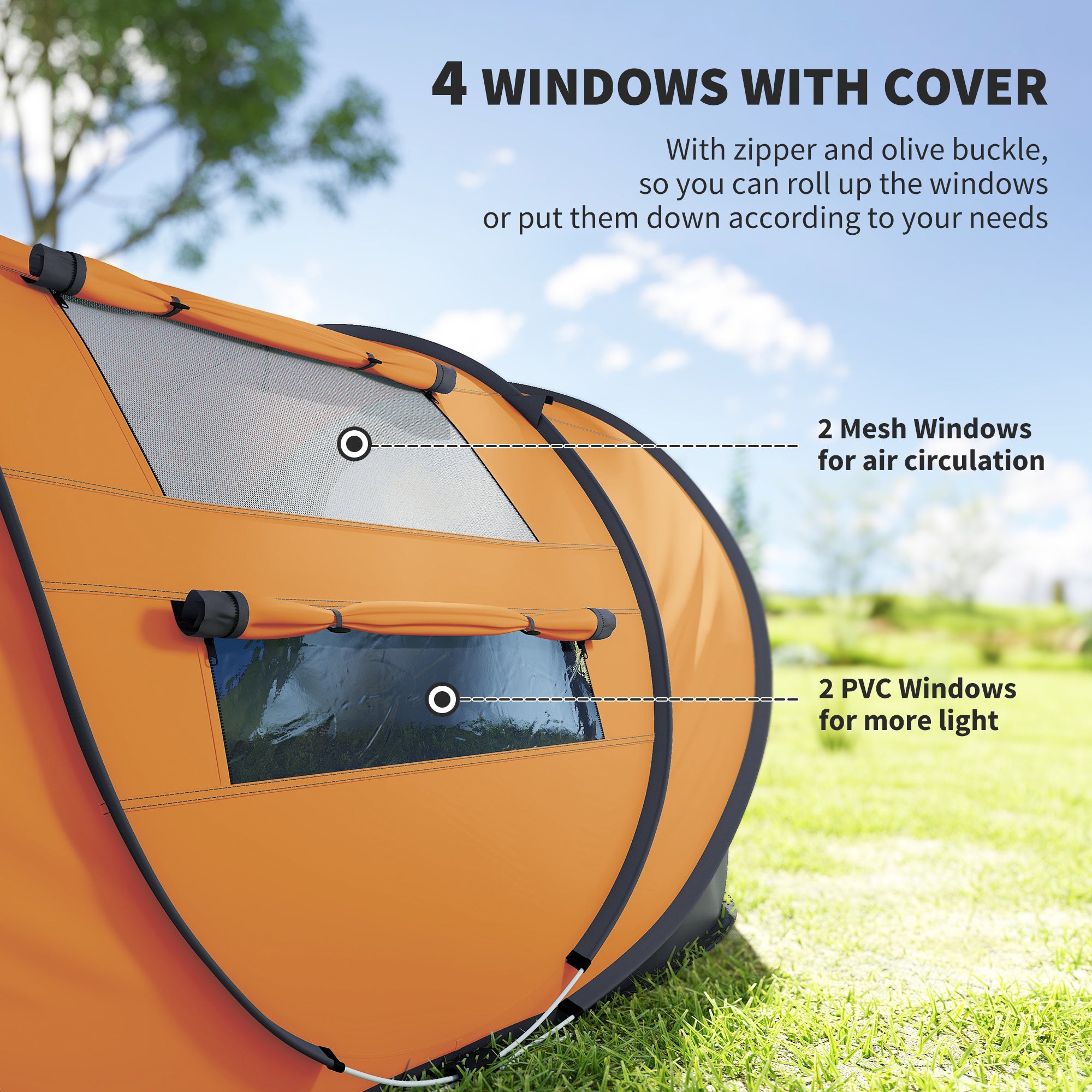 4 Person Camping Tent, Easy Pop Up Tent with Doors, Windows and Carry Bag, Automatic Setup Tent for Hiking, Orange