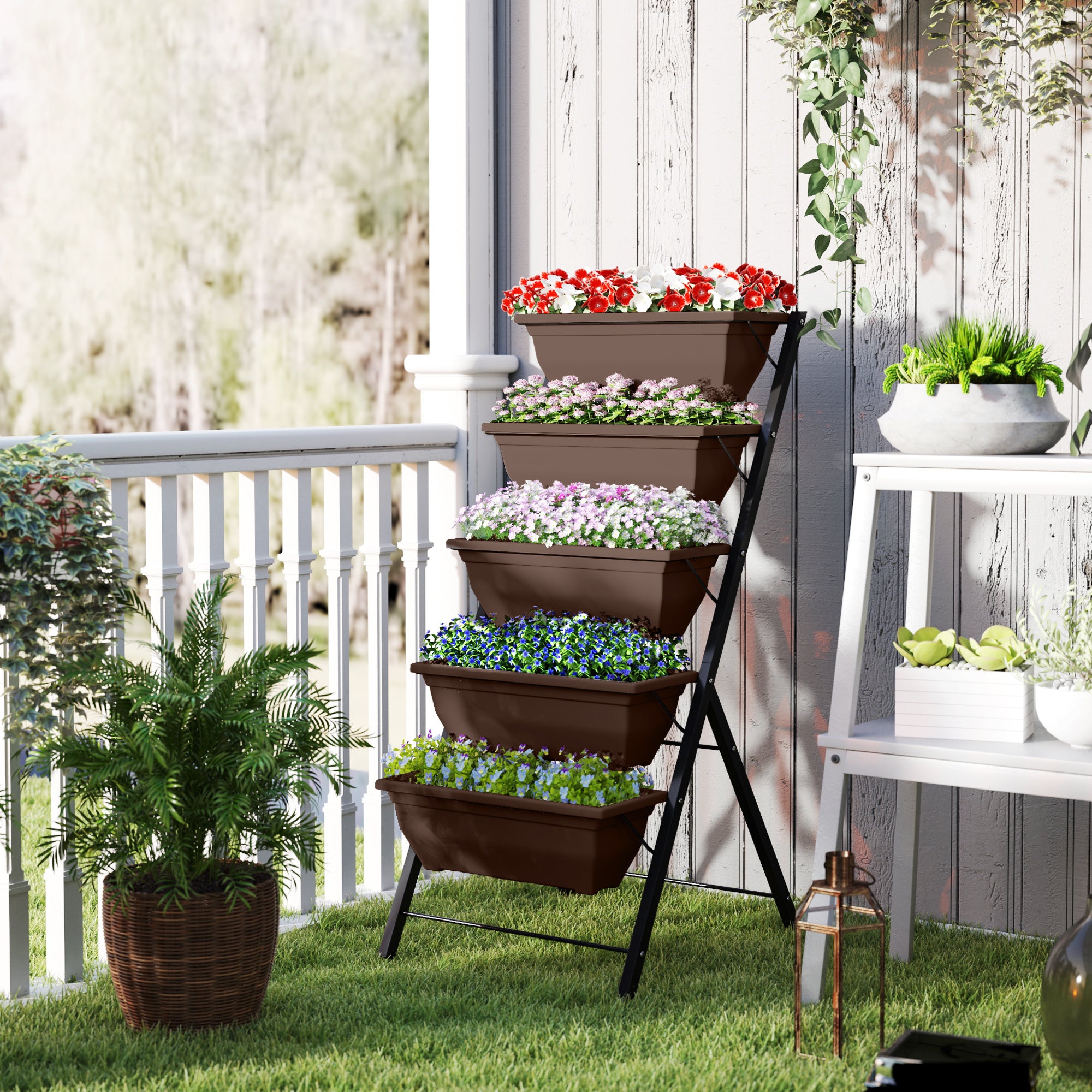 5-Tier Raised Garden Bed with 5 Planter Box, Outdoor Plant Stand Grow Containers with Leaking Holes, Brown