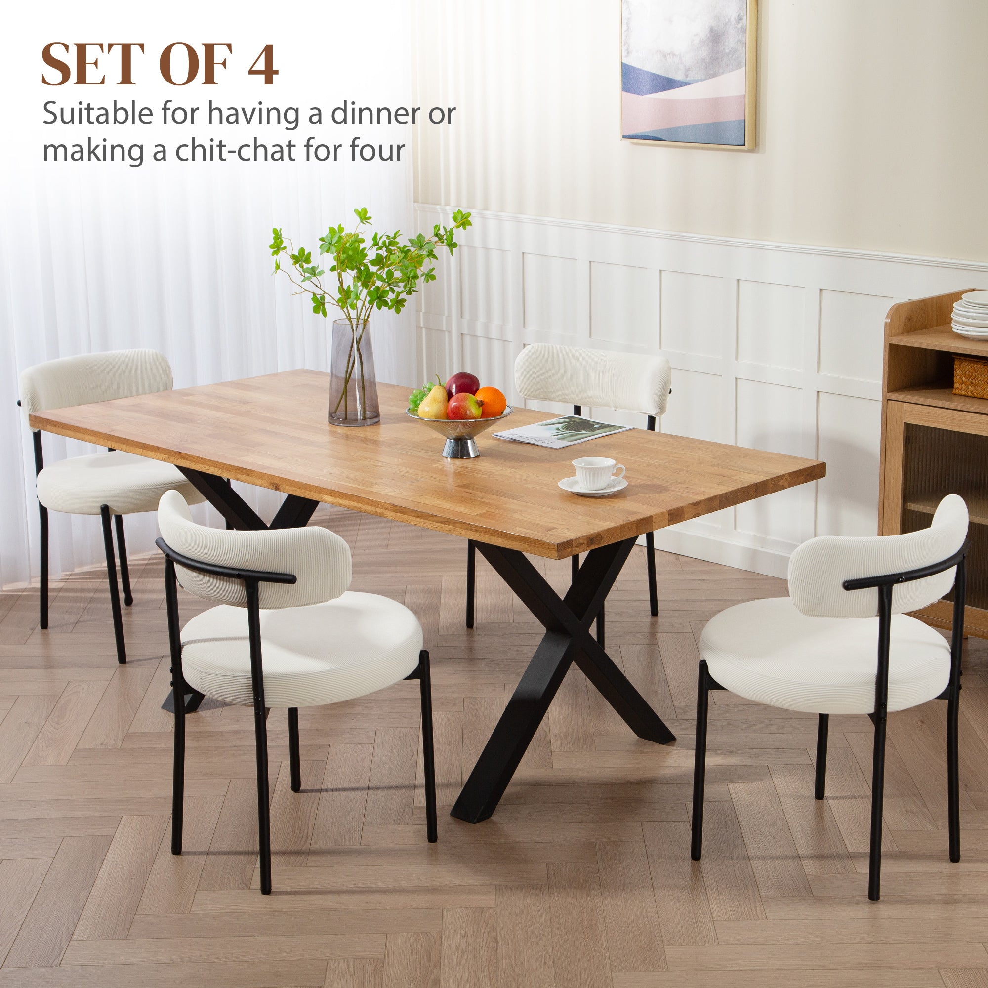 4 Pieces Kitchen Chairs, Modern Dining Chairs w/ Corduroy Upholstery and Steel Legs for Living Room, Beige