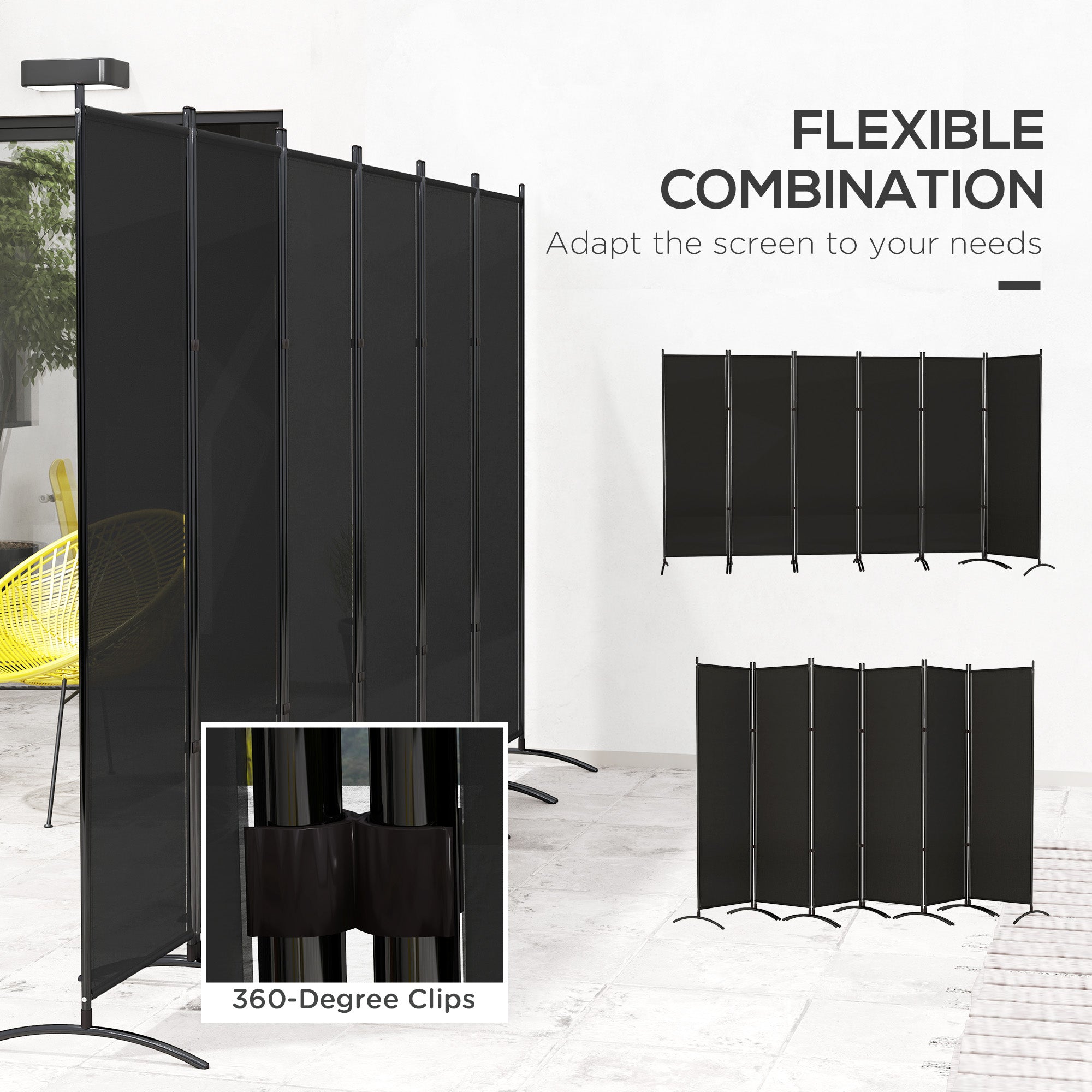 6 Panel Folding Room Divider, UV30+ Privacy Screen, Indoor Outdoor Privacy Panel with Stable Base, Black